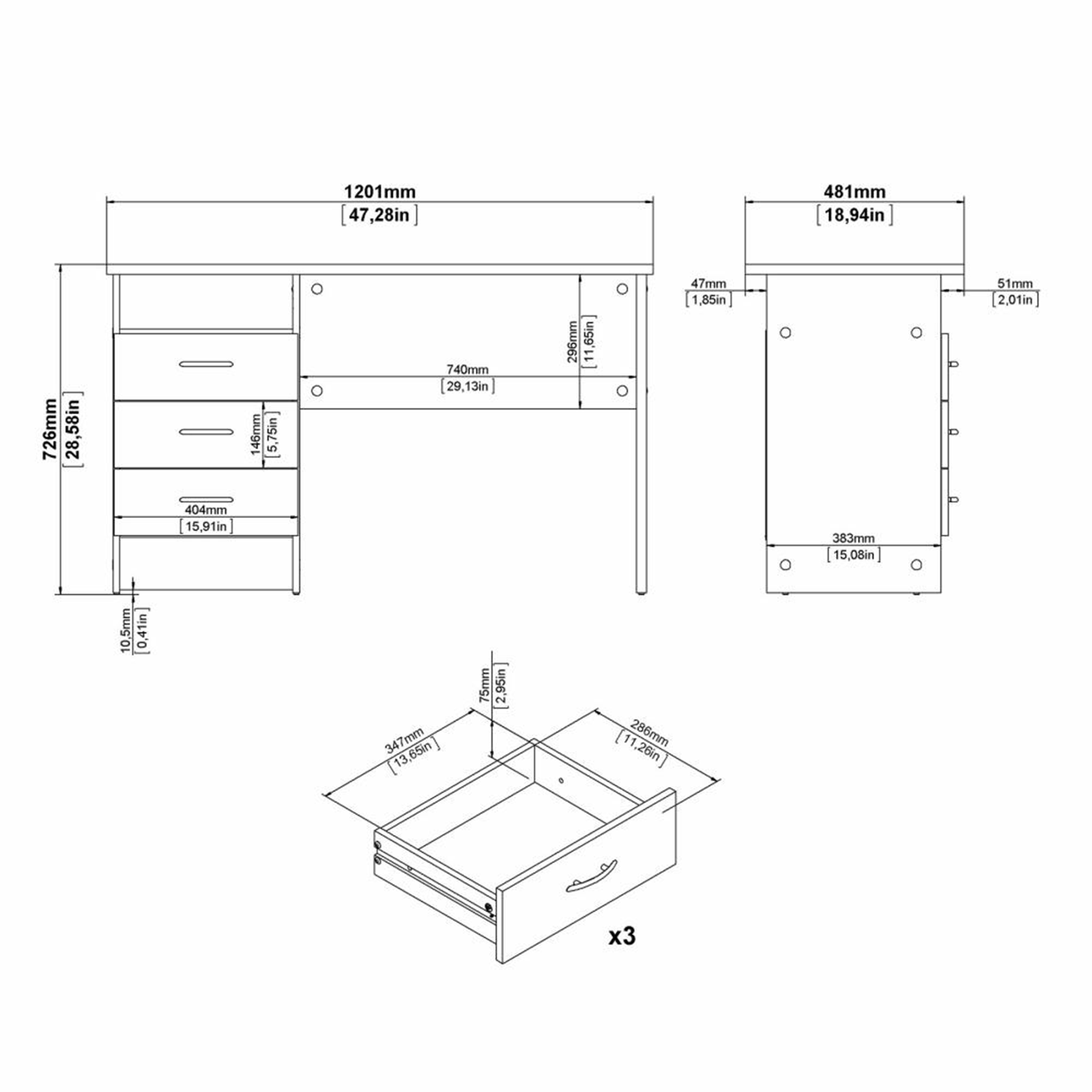 Bureau Function Plus avec commode 3 tiroirs en chêne et bois blanc 120x48 cm 73h