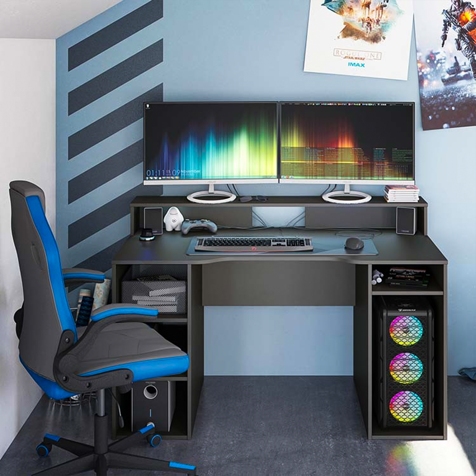 Escritorio gaming Ozone de madera antracita para oficina con 5 compartimentos abiertos 136x67 cm 88h