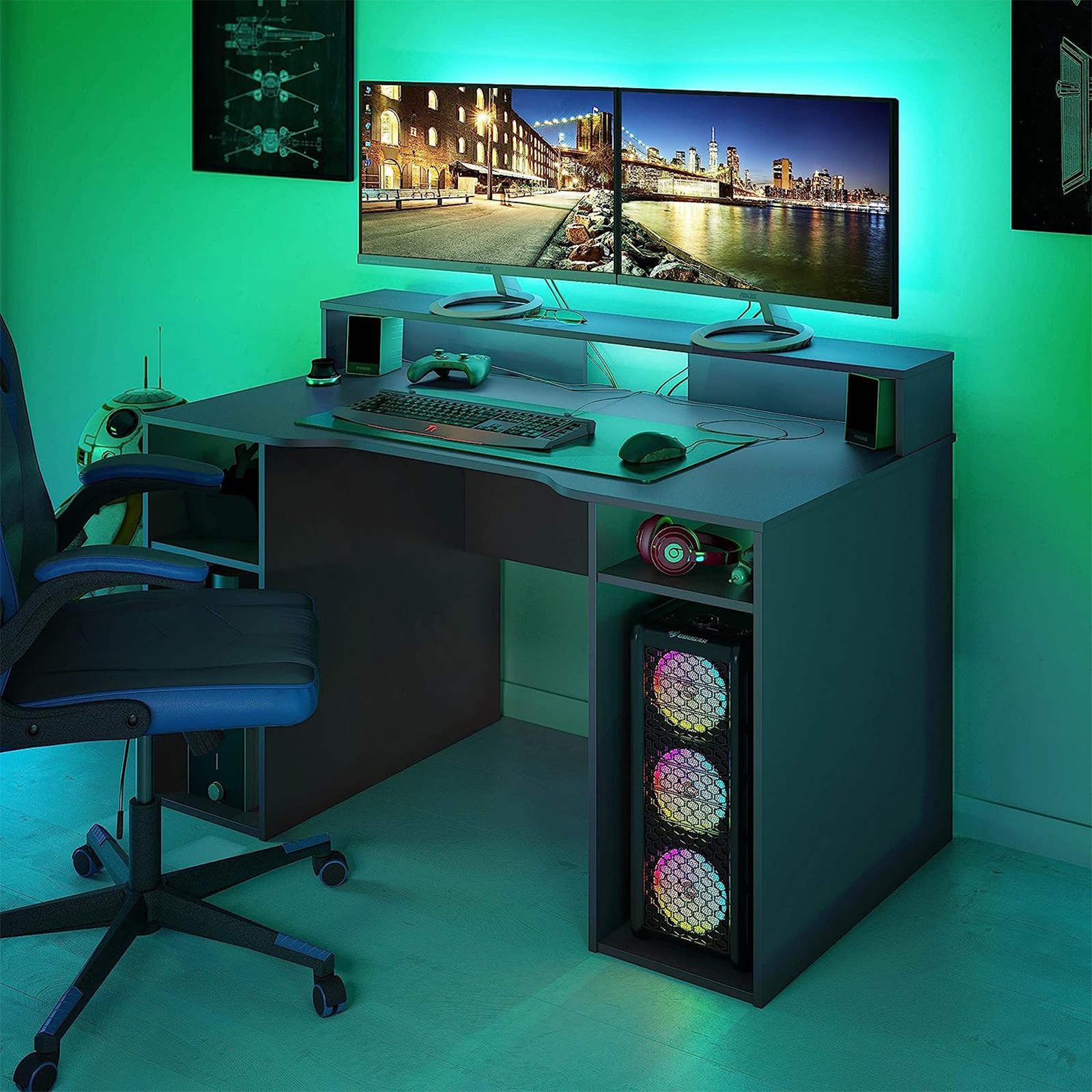 Escritorio gaming Ozone de madera antracita para oficina con 5 compartimentos abiertos 136x67 cm 88h