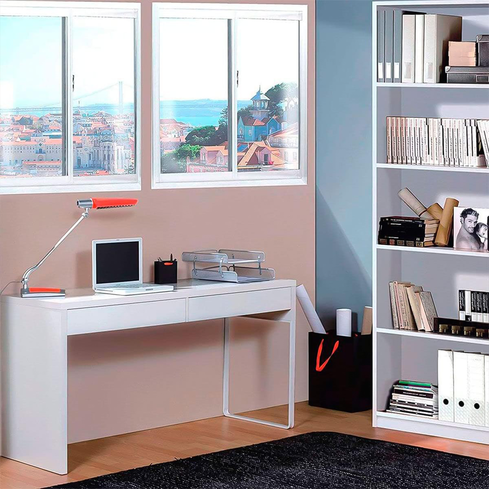 Escritorio de ordenador Touch en madera blanca para oficina con 2 cajones 138x50 cm 75h
