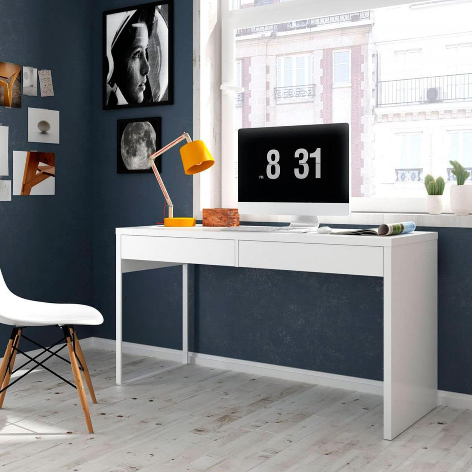Scrivania porta computer Touch in legno bianco per ufficio con 2 cassetti cm 138x50 75h