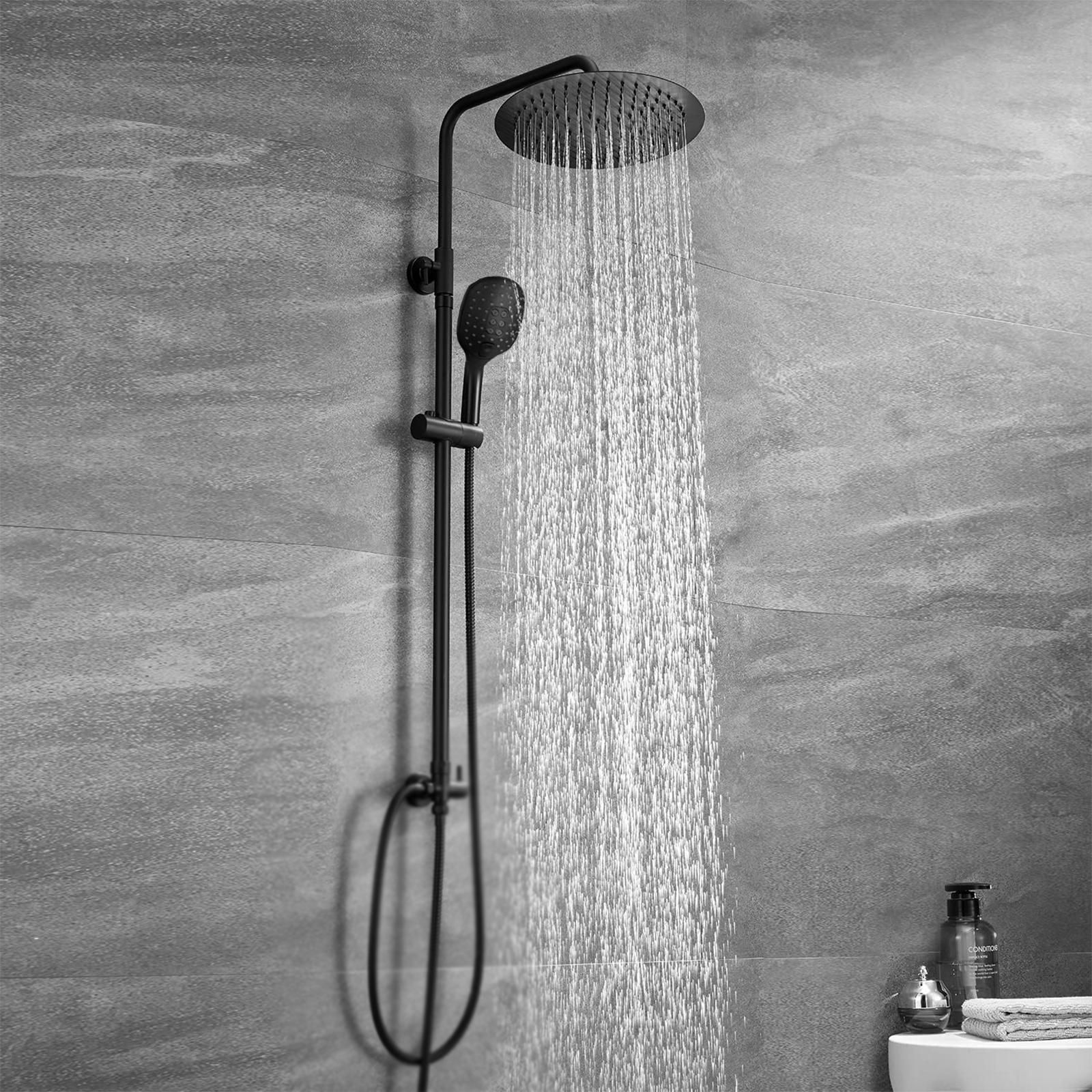 Colonne de douche orientable en aluminium noir mat avec douchette monojet et barre coulissante