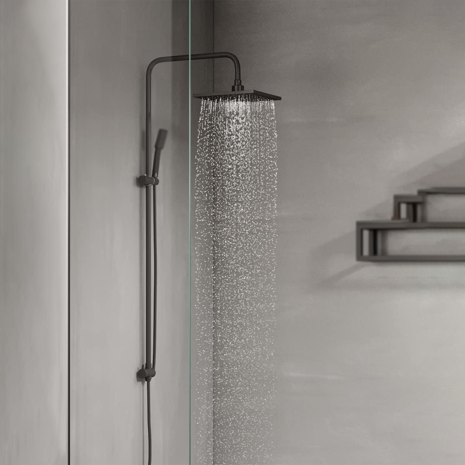 Columna de ducha orientable cuadrada de aluminio negro mate con teleducha de 3 chorros y barra corredera