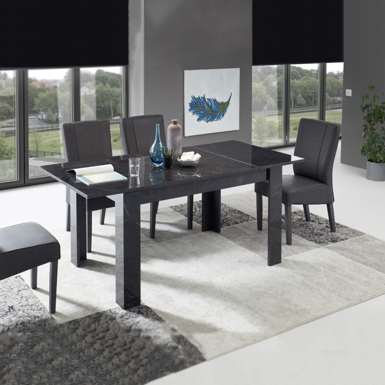 Table extensible Mango en bois effet marbre noir brillant 137/185x90 ​​​​cm 79h