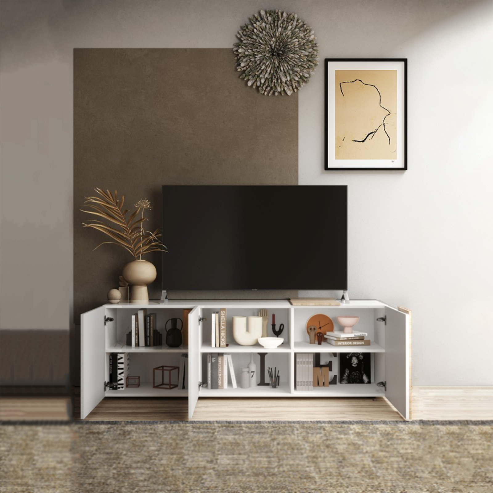 Mueble TV Venus de madera de roble para salón con 3 puertas 181x44 cm 59h