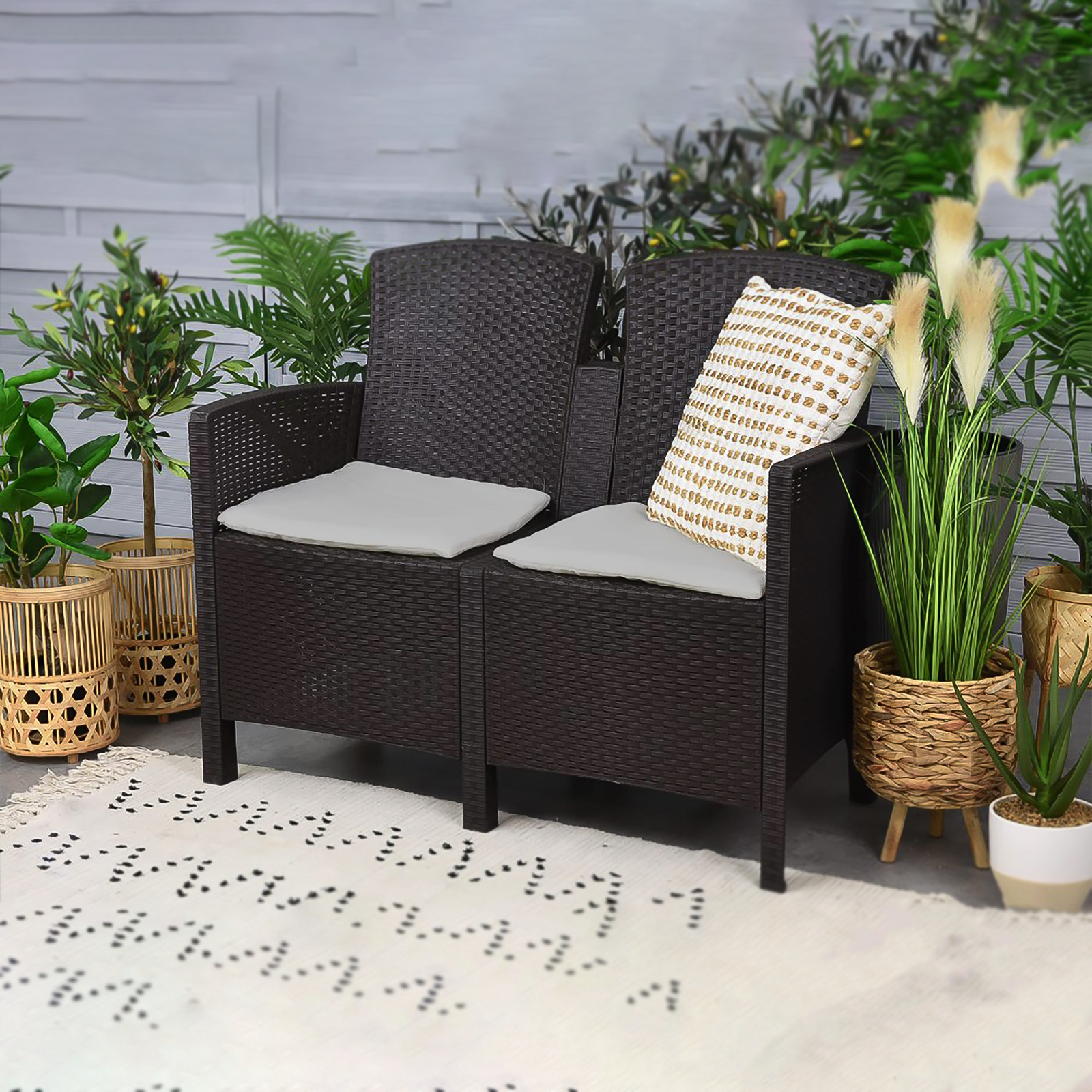 Salón de jardín "Lido" de resina de ratán, mesa de centro + sofá + 2 sillones con cojines