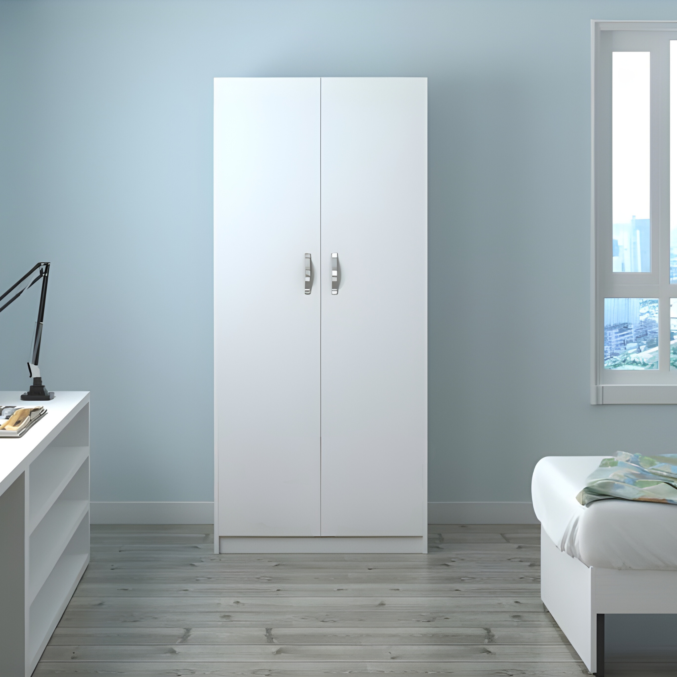 Armadio in legno bianco "Modern" a 2 ante con appendiabiti e 2 ripiani cm 91x52 210h