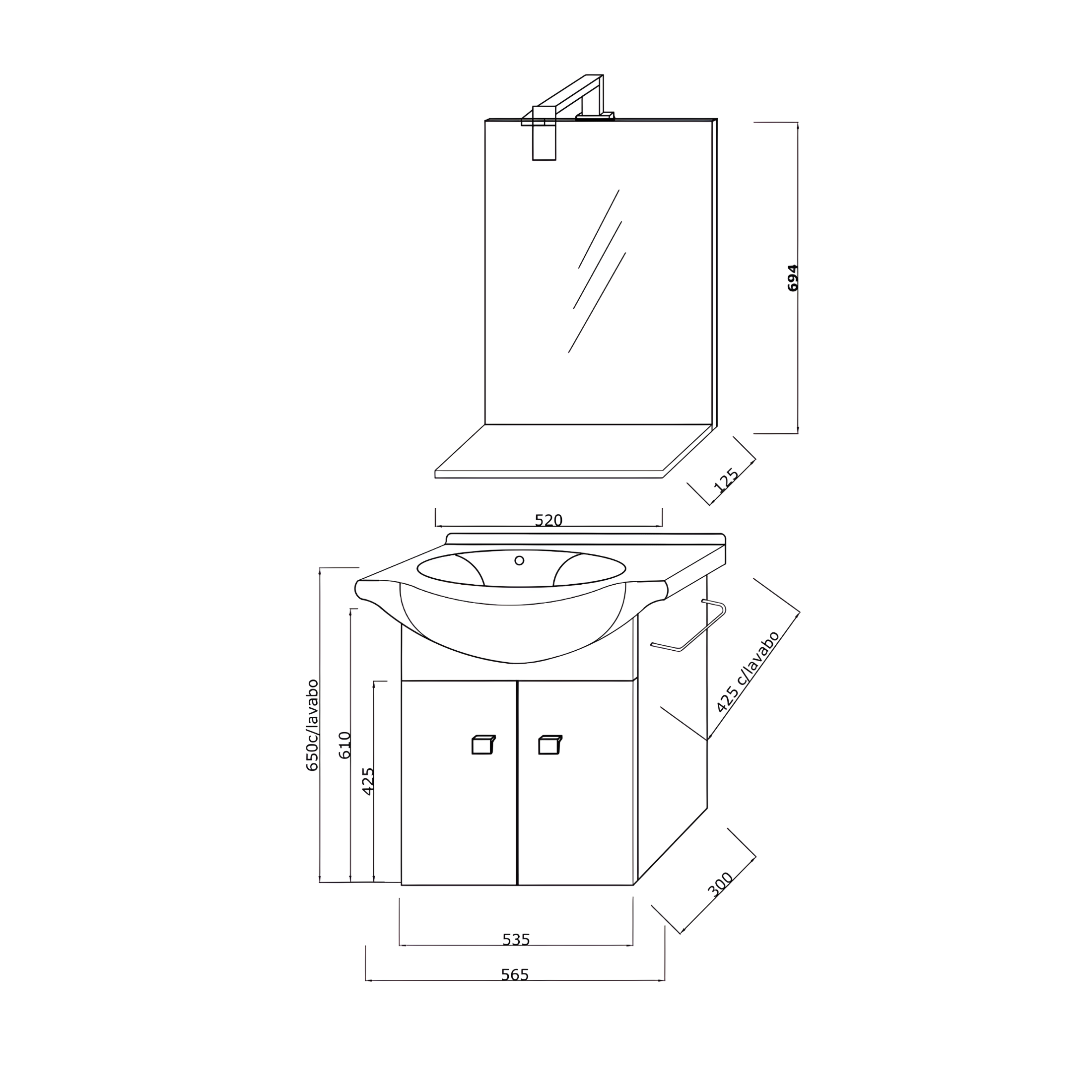 Mobile bagno sospeso "Moa55" con lavabo consolle e ante con maniglie cromate e specchio LED