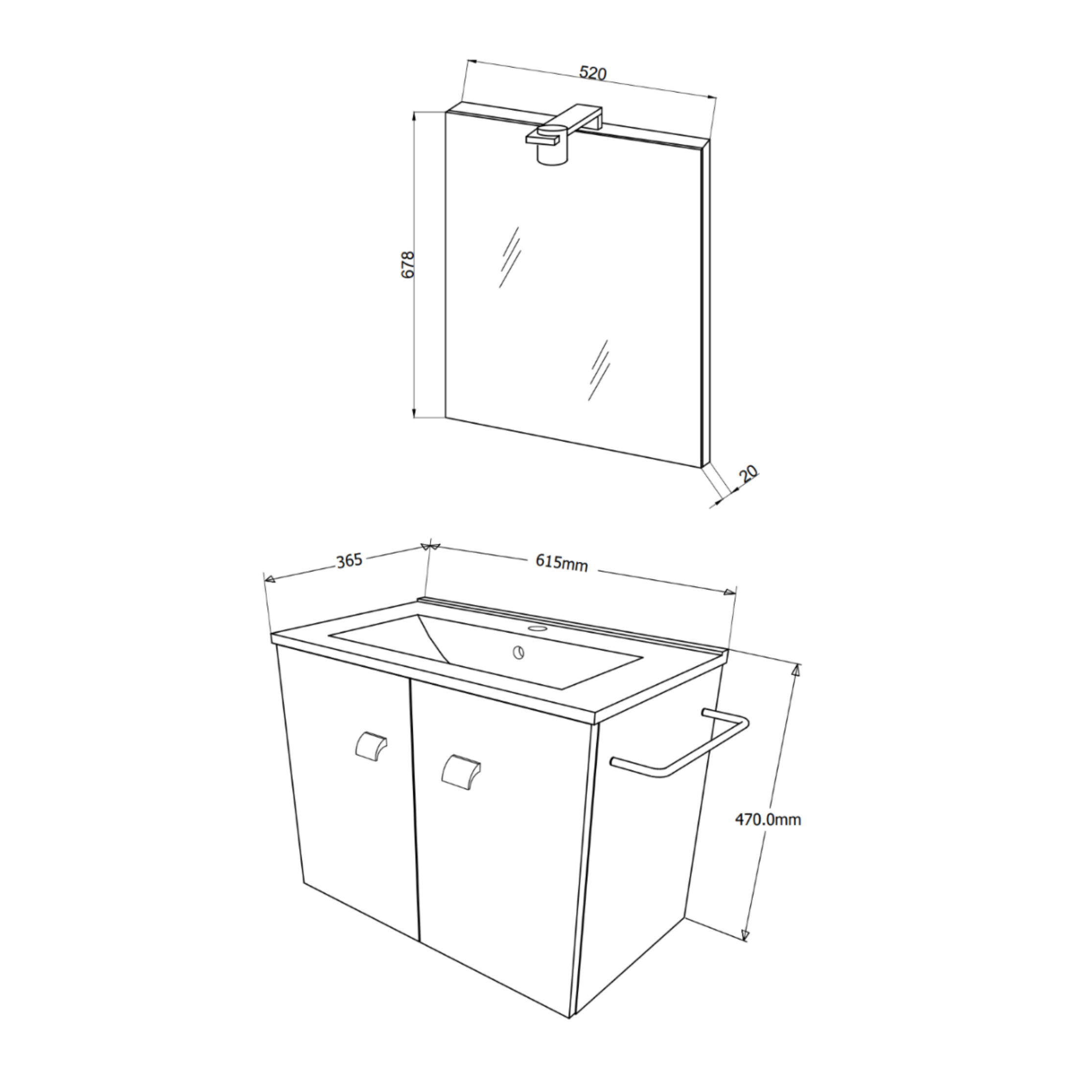 Mobile bagno sospeso "Moa60" con lavabo integrato rettangolare ante con maniglie cromate e specchio LED