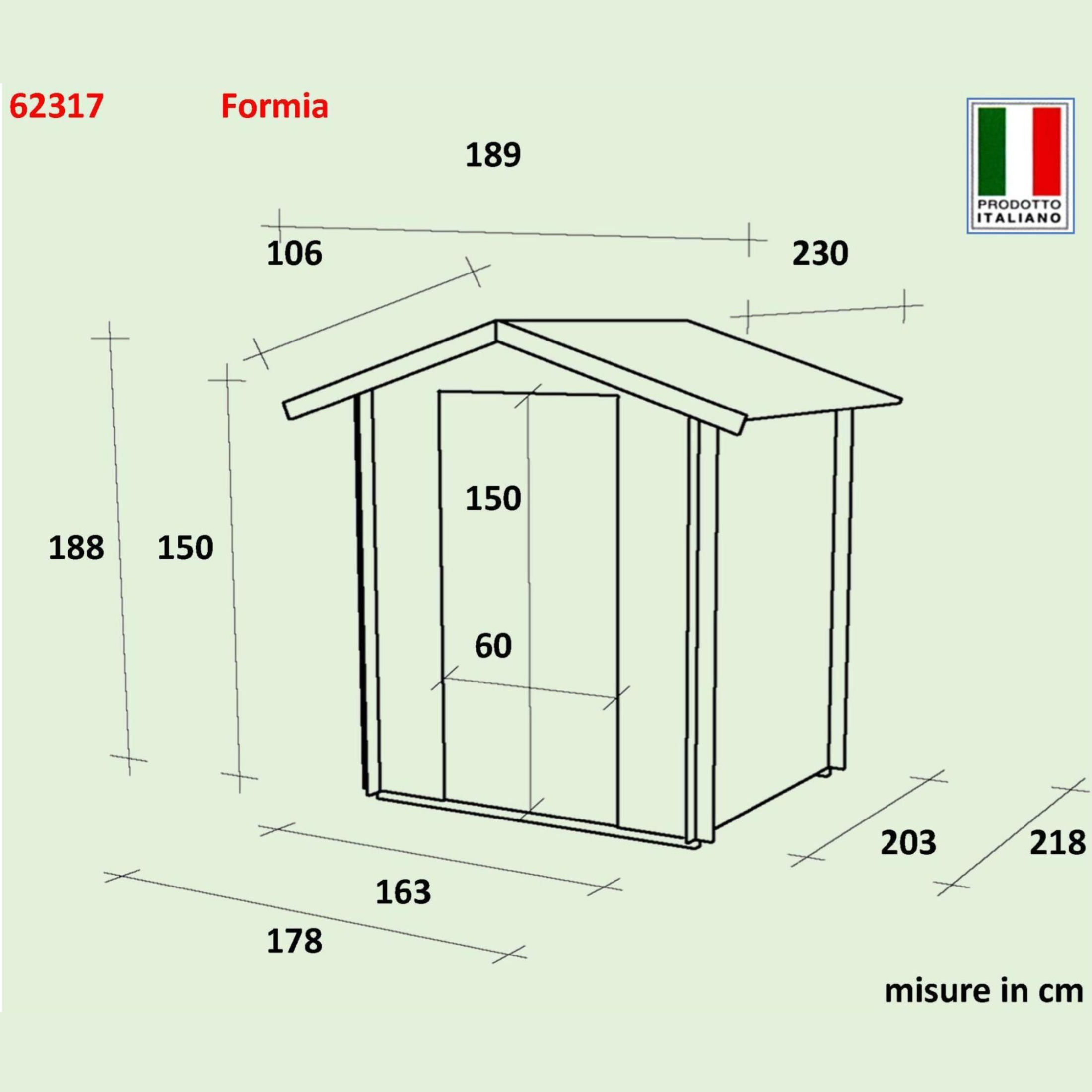 Caseta de jardín de madera "Formia" puerta batiente simple ciega 178x218 cm 188h