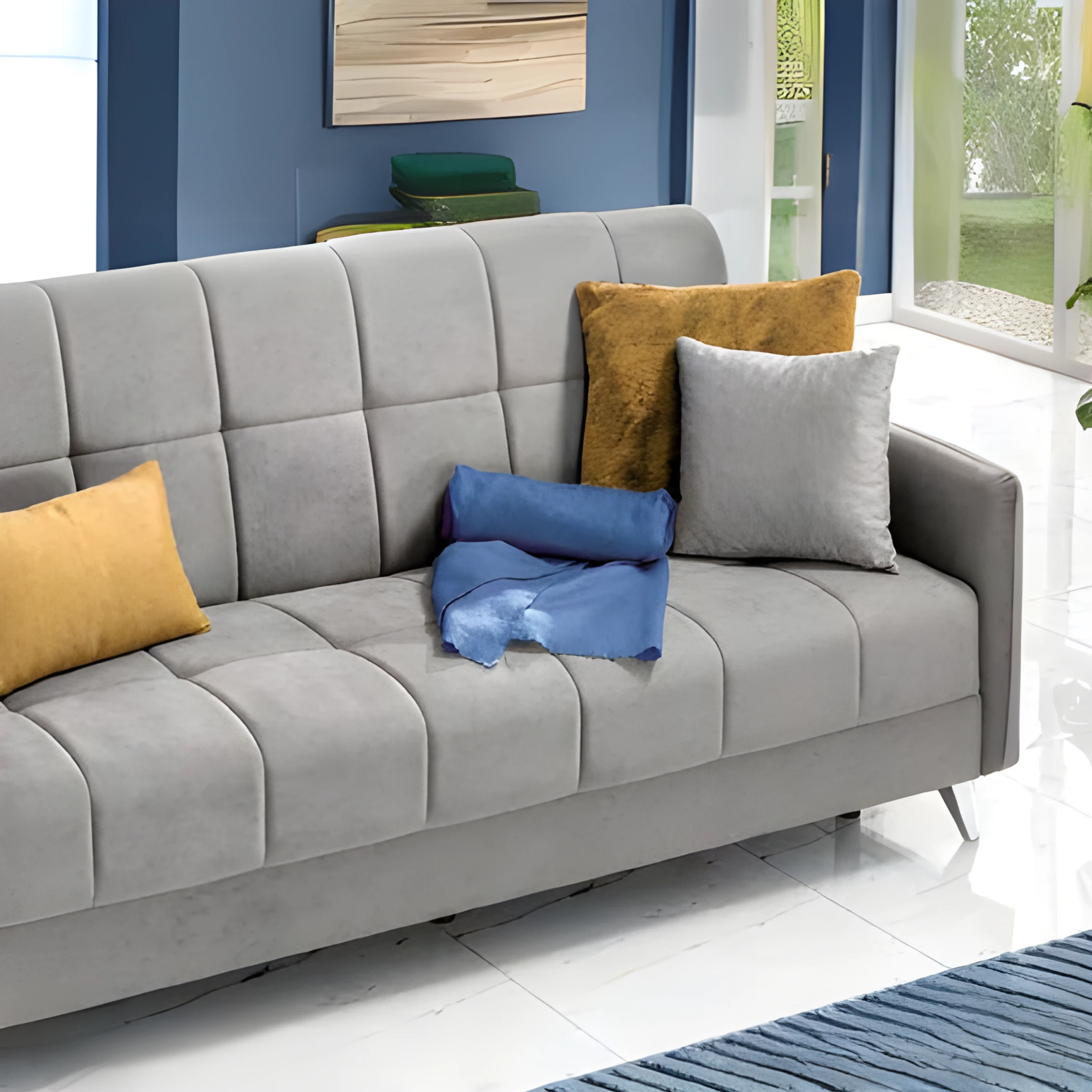 Divano letto a 3 posti contenitore "Santi Bacos" in velluto con 2 cuscini cm 211x92 98h