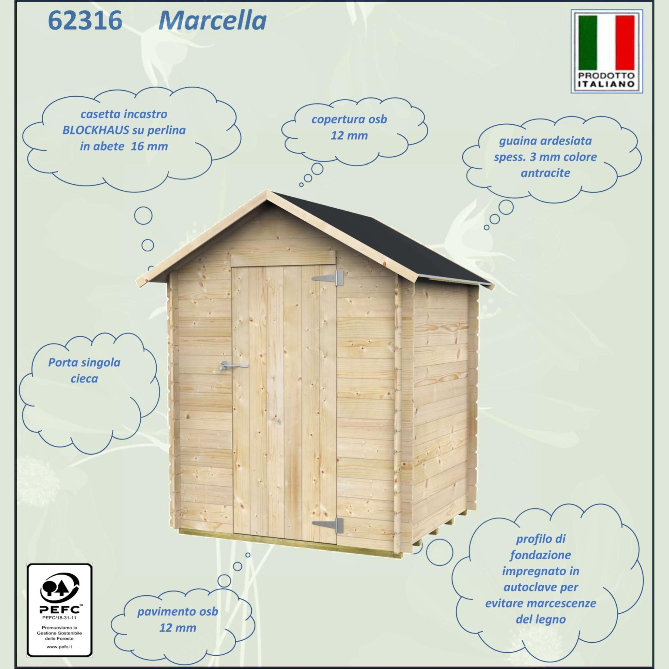 Abri de jardin en bois "Marcella" simple store porte battante 146x130 cm 185h