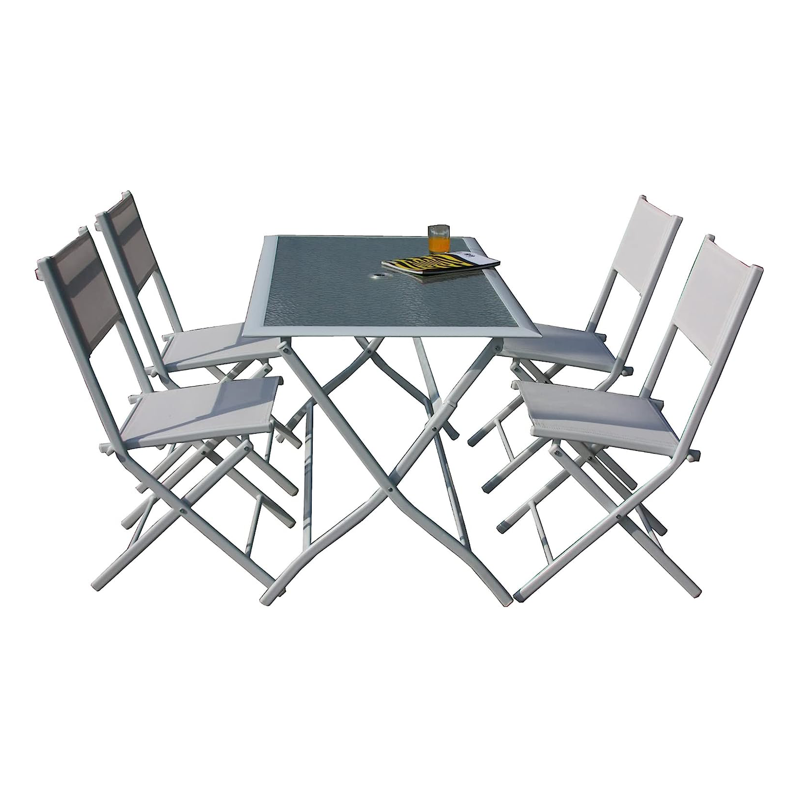 Ensemble de salle à manger complet de 4 chaises pliantes + table Astro en acier blanc pour le jardin