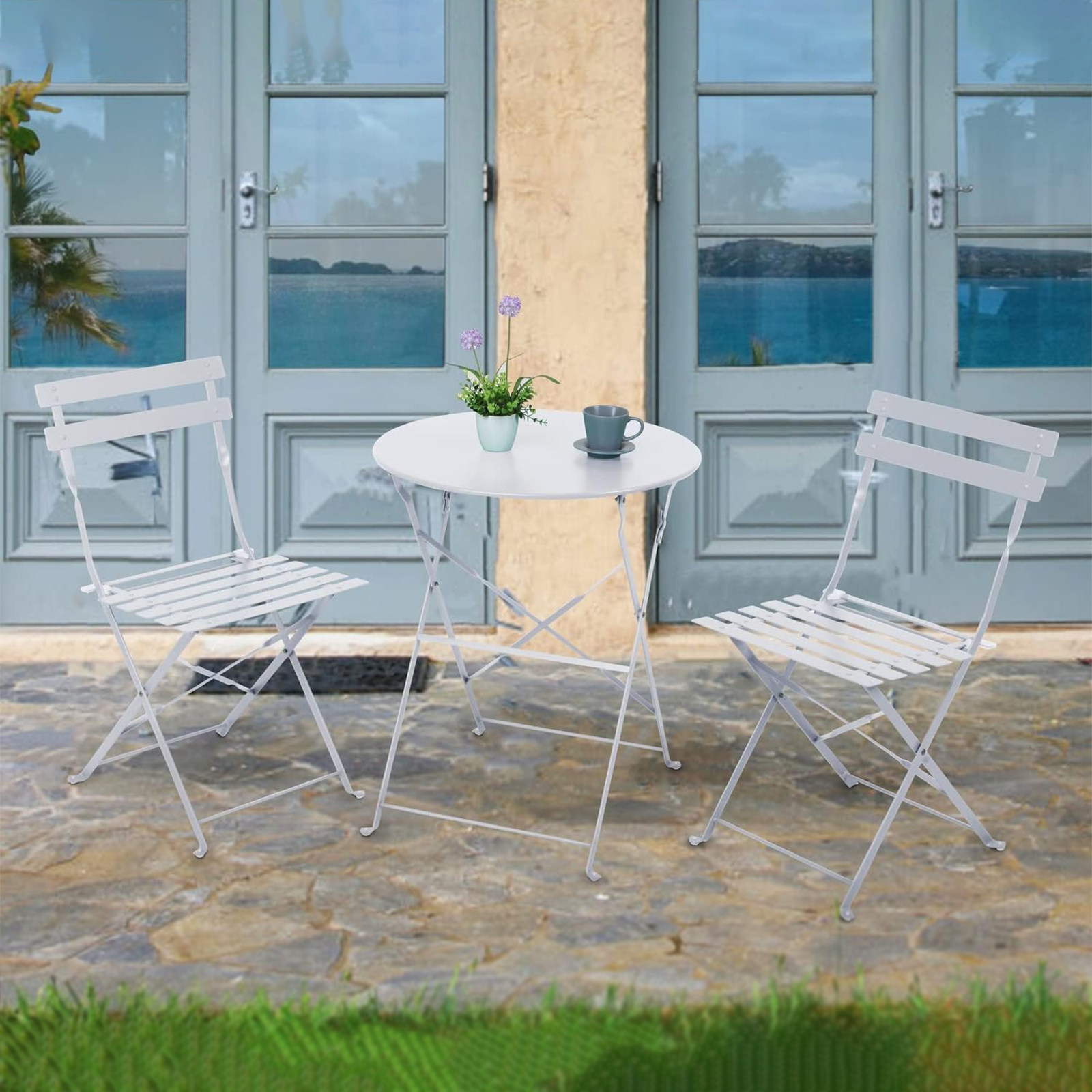 Ensemble de salle à manger en acier Giotto complet de 2 chaises + table de jardin ronde pliante