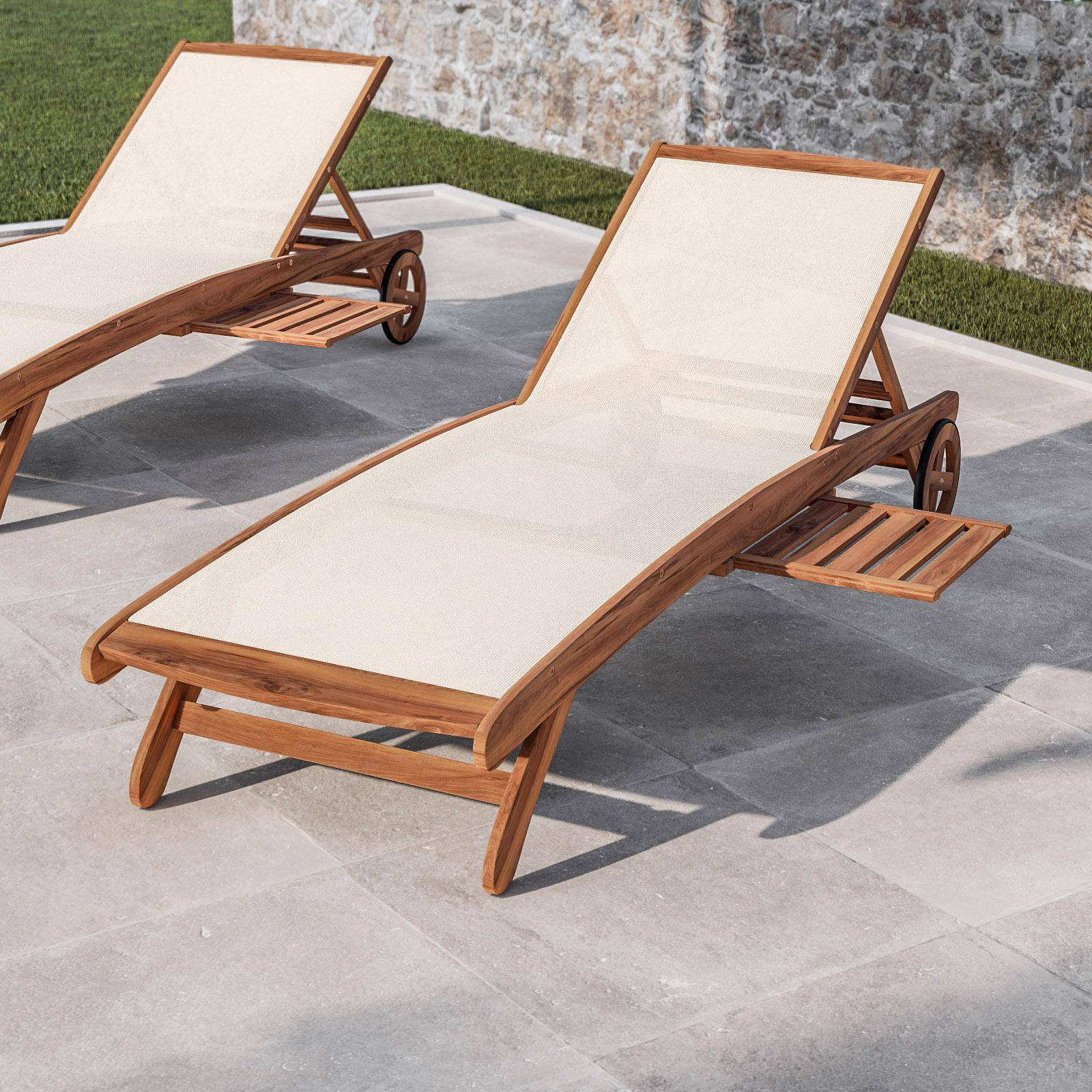 Bain de soleil textile en bois pour extérieur avec roulettes 196x65 cm 33h