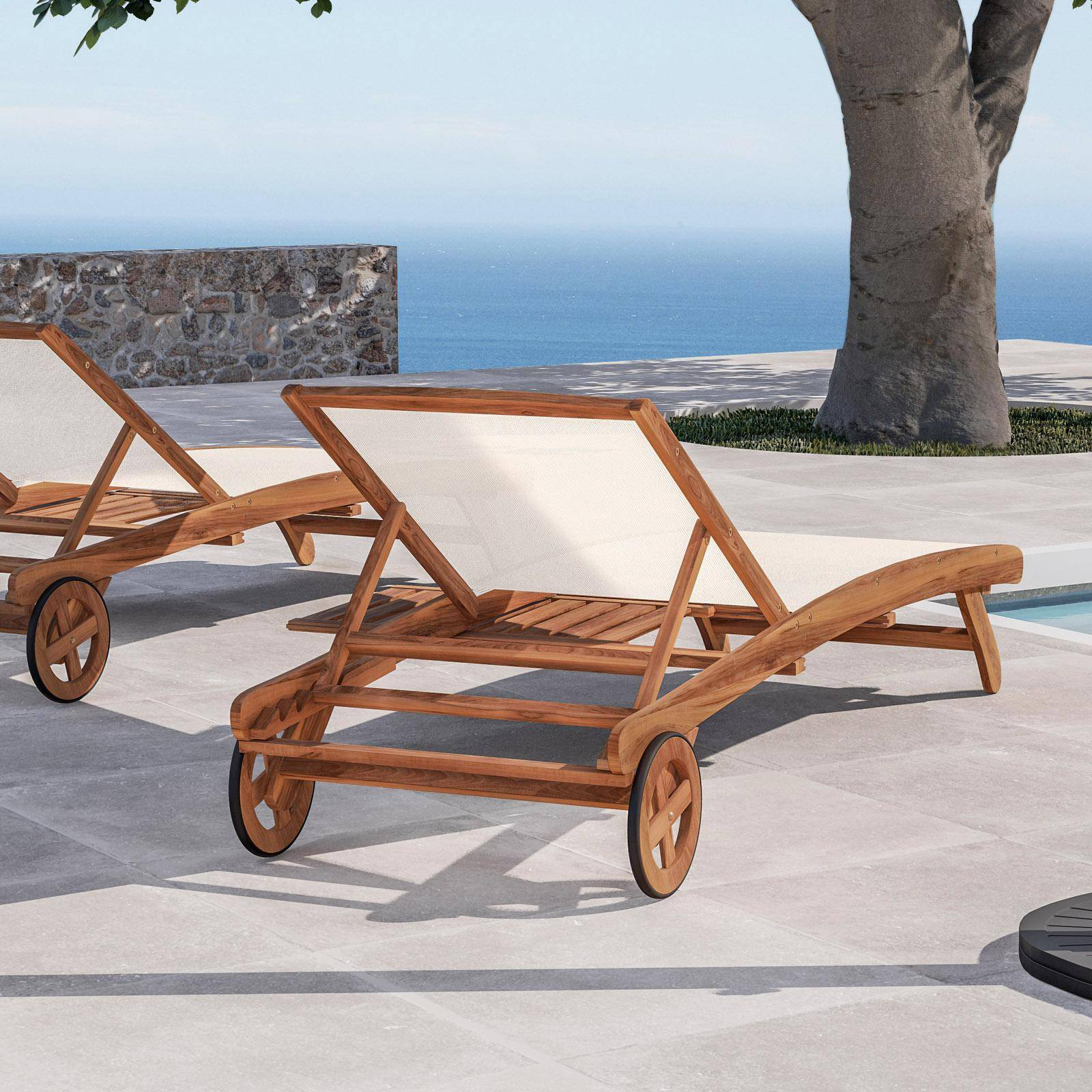 Bain de soleil textile en bois pour extérieur avec roulettes 196x65 cm 33h