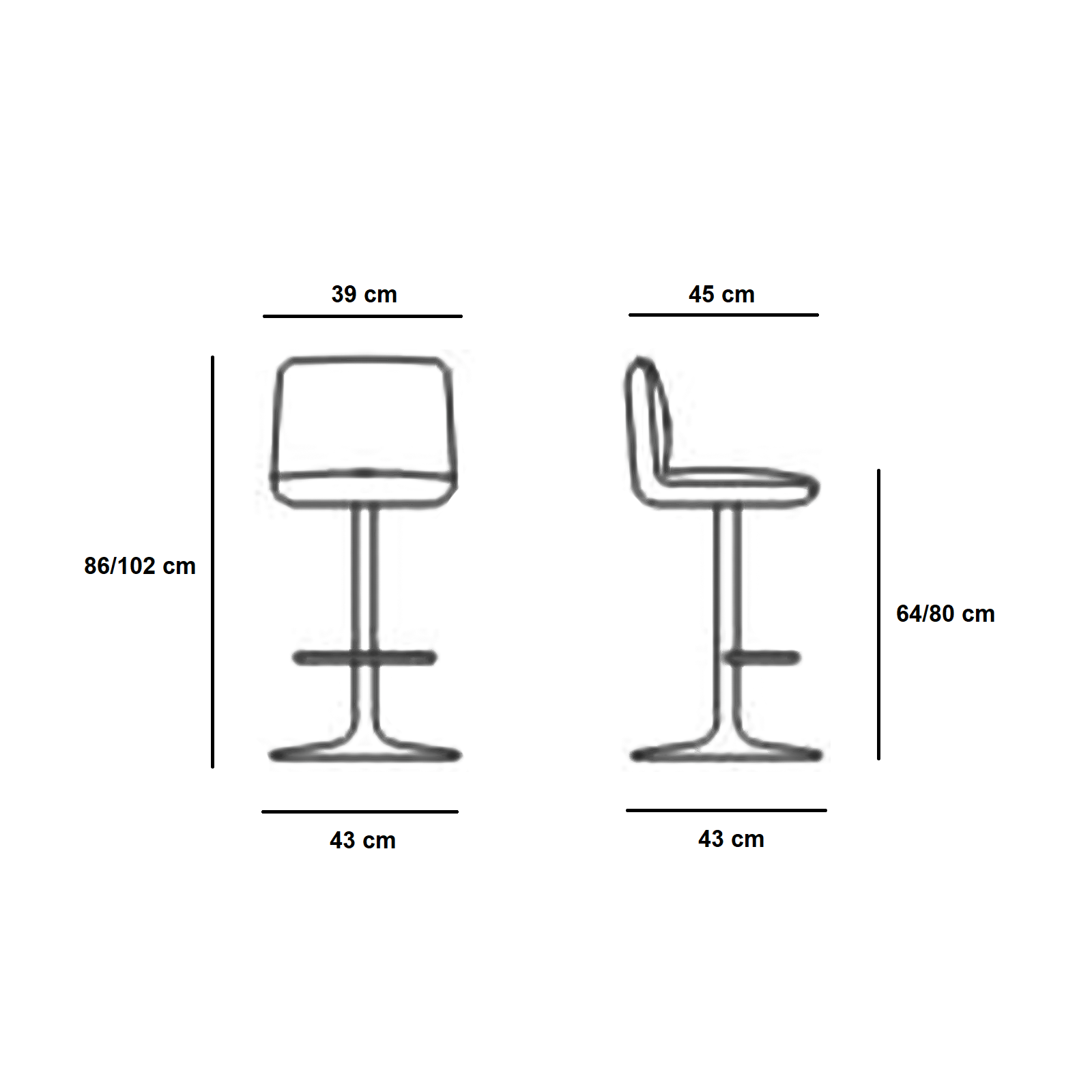 Tabouret haut "Teo" en tissu avec vérin à gaz et repose-pieds 45x39 cm 86h