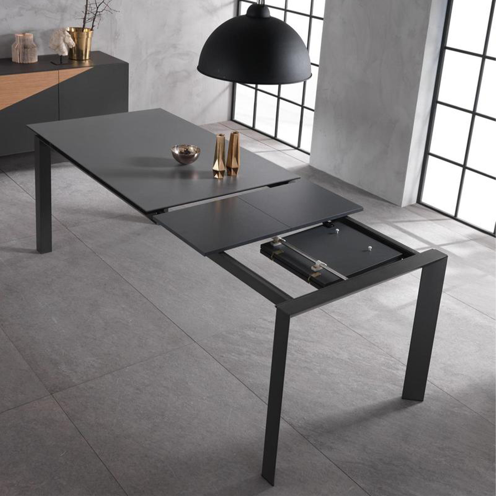 Table extensible "Compte" plateau céramique pieds aluminium 140/220x90 cm 75h
