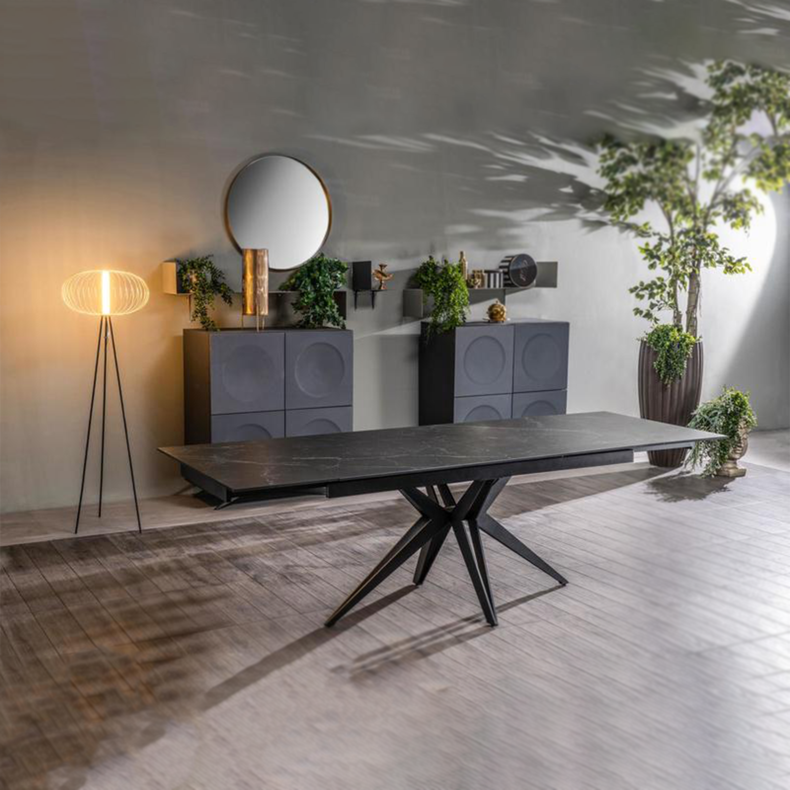 Tavolo allungabile moderno "Amber" da soggiorno con piano in ceramica effetto marmo