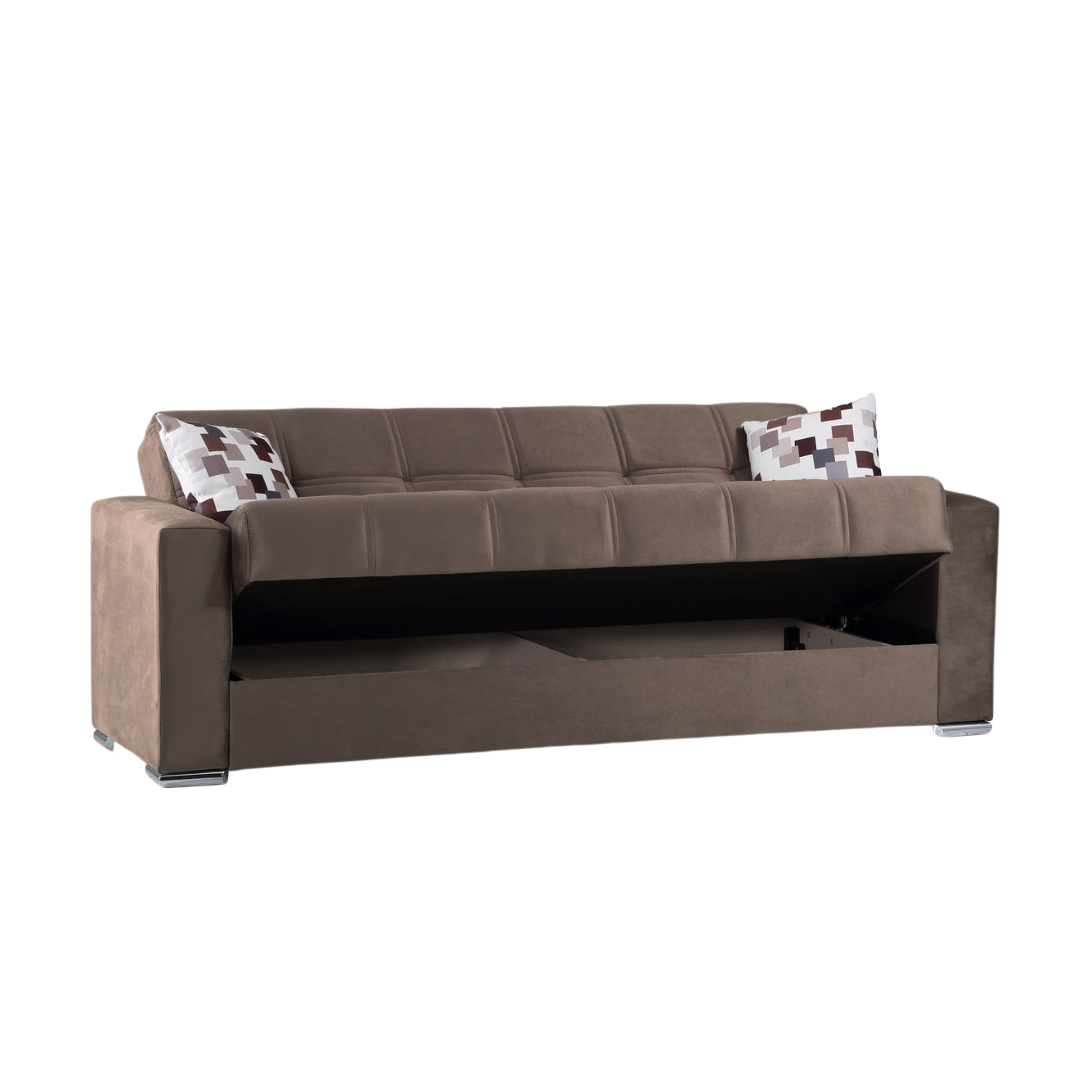 Divano letto 3 posti contenitore "Alba" in tessuto con piedi cromati cm 226x85 92h