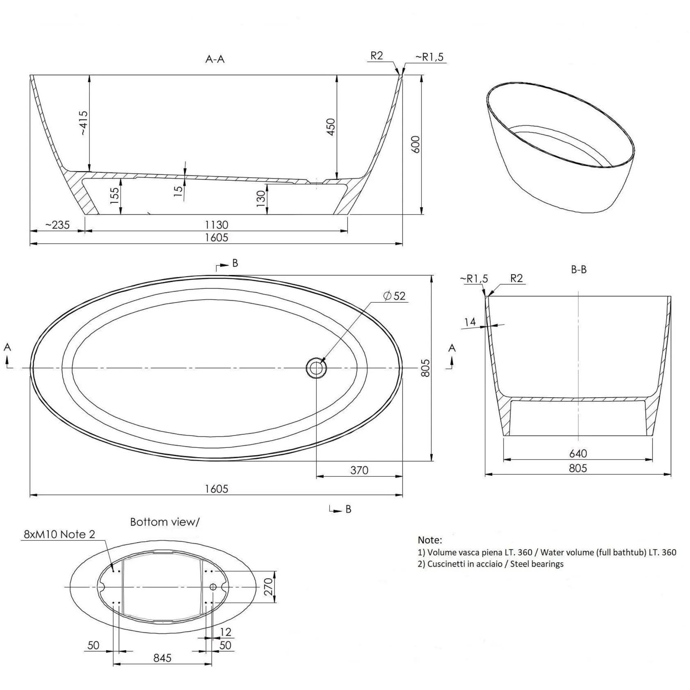 Vasca da bagno ovale moderna "Palma" in resina di marmo bianca cm cm 160,5x80,5 60h