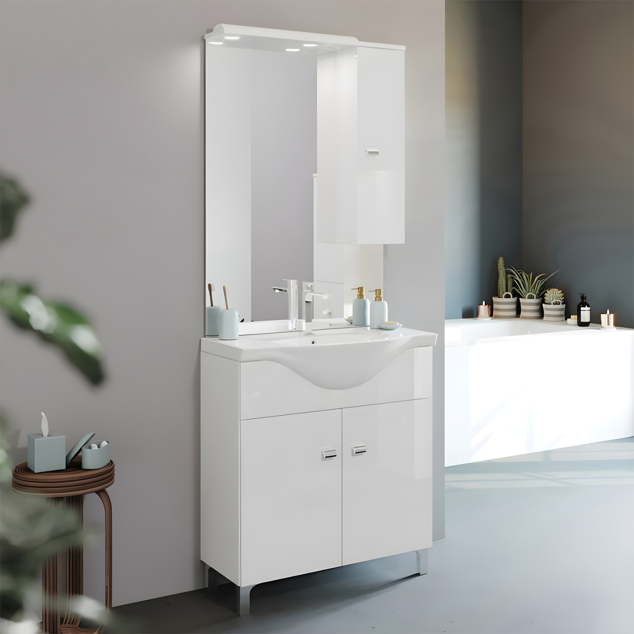 Mobili bagno "Kiro" in nobilitato con finitura bianco lucido , lavabo in ceramica da incasso e specchio