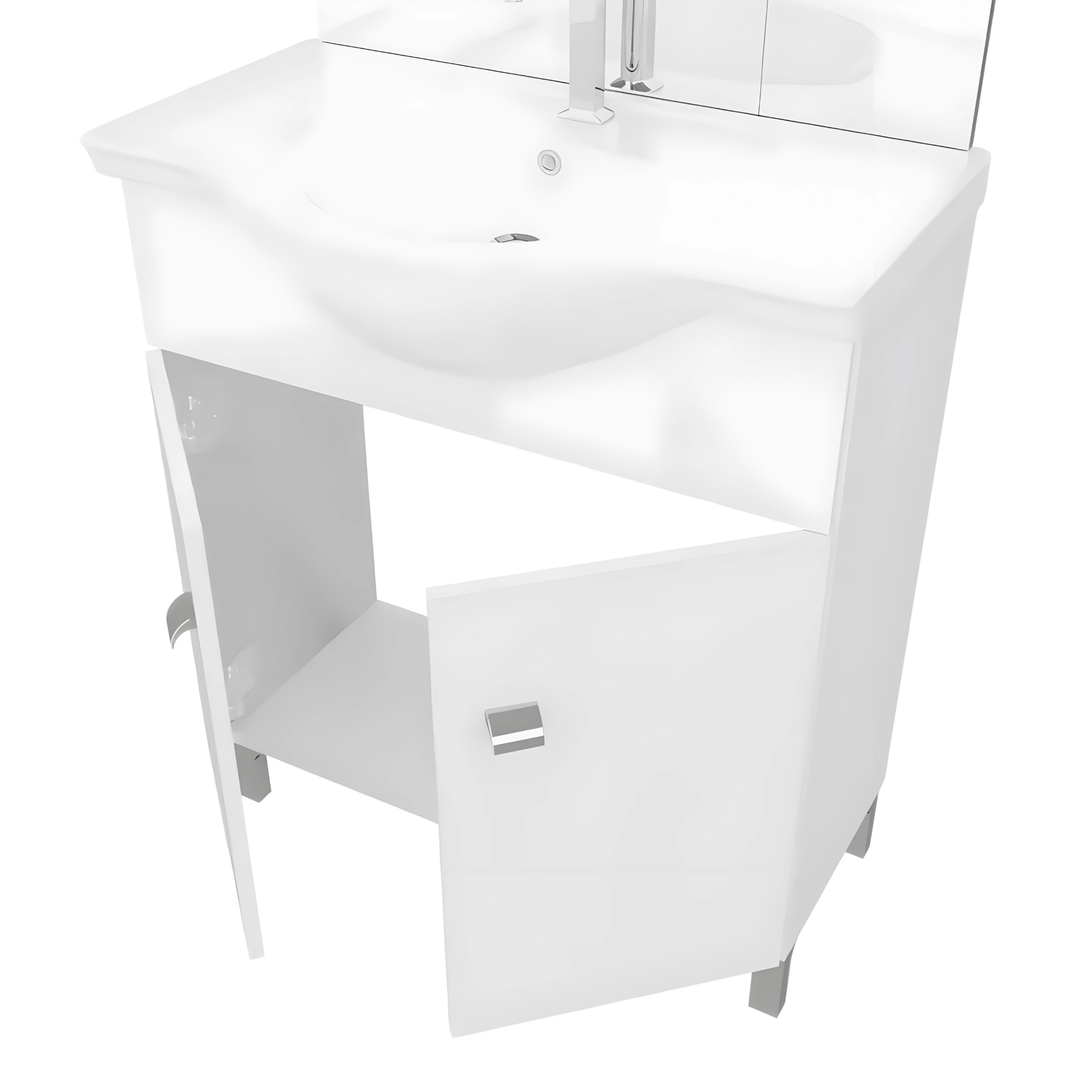 Mobili bagno "Kiro" in nobilitato con finitura bianco lucido , lavabo in ceramica da incasso e specchio