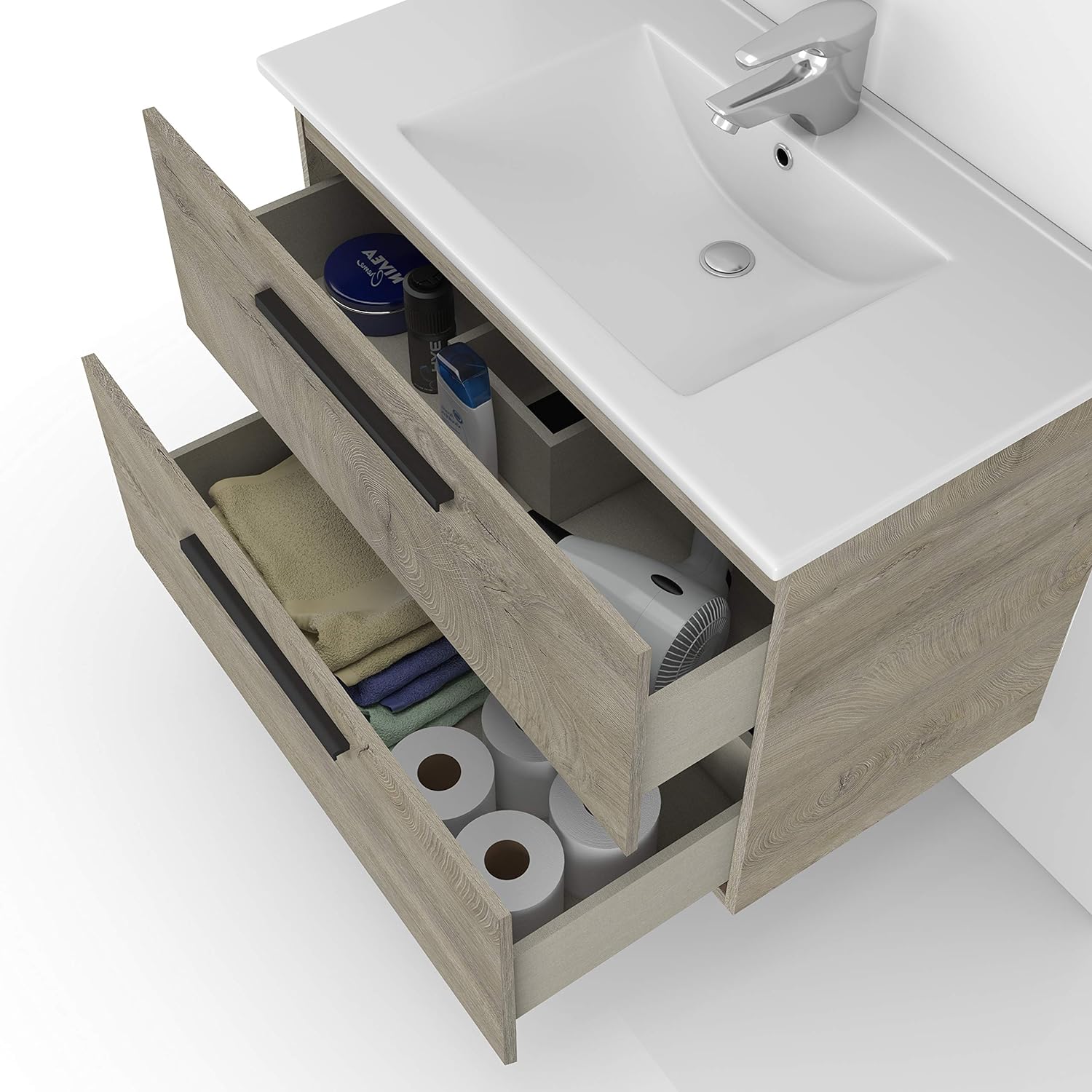 Cómoda suspendida de madera bajo lavabo con espejo Aruba 80x45 cm 57h