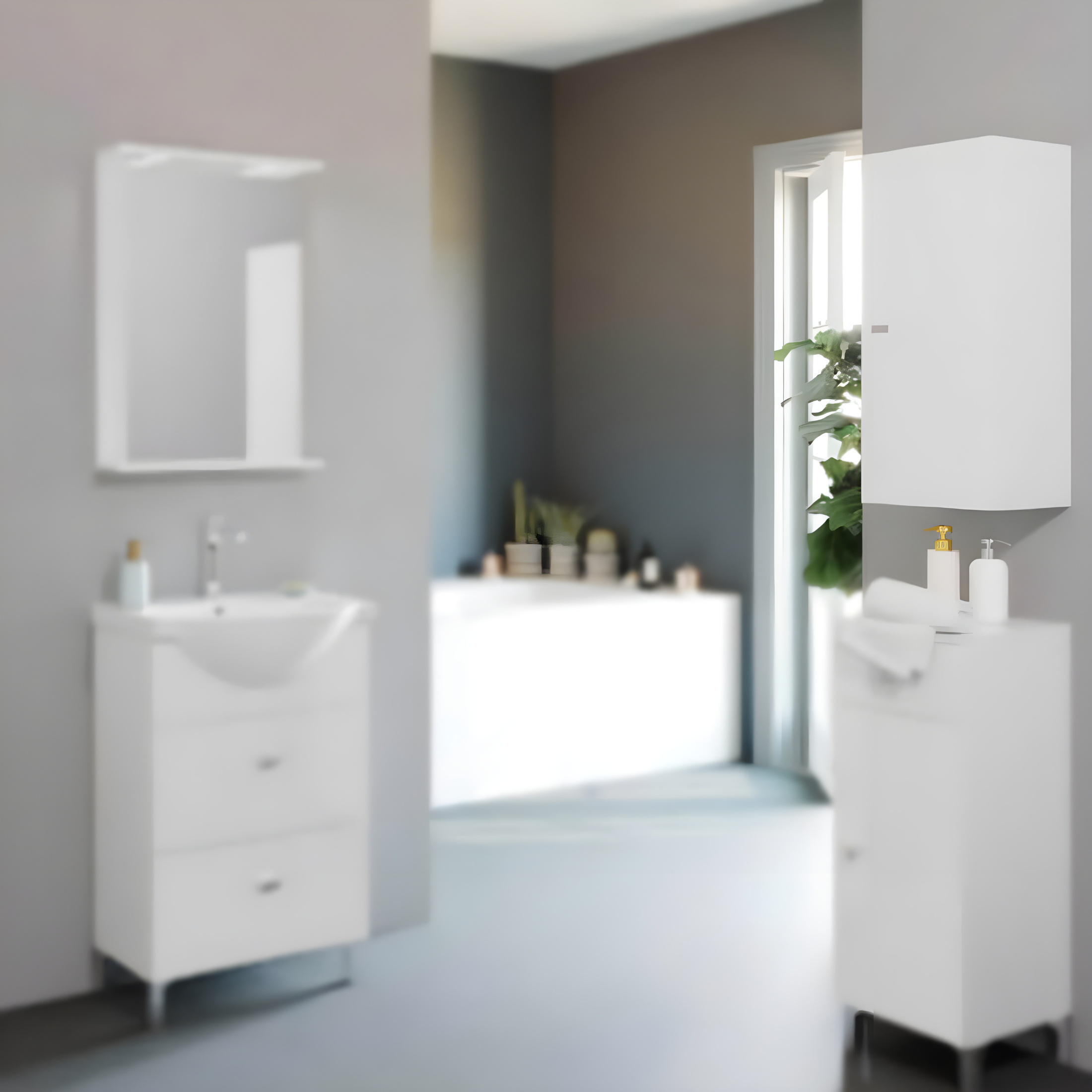 Mobili bagno "Kiro" in nobilitato con finitura bianco lucido , lavabo in ceramica da incasso e specchio