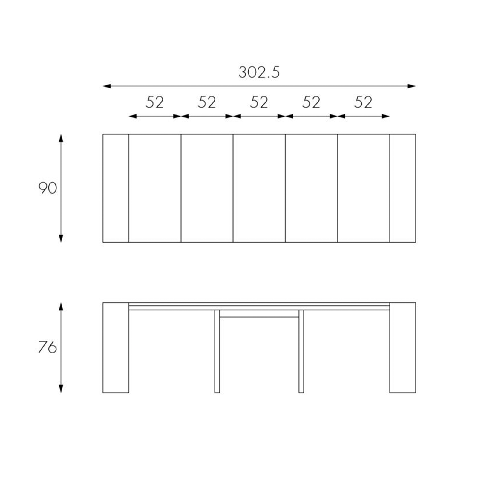 Mesa consola extensible "Pinocho" de madera lacada, 10 plazas, 43/302x90 cm 76h