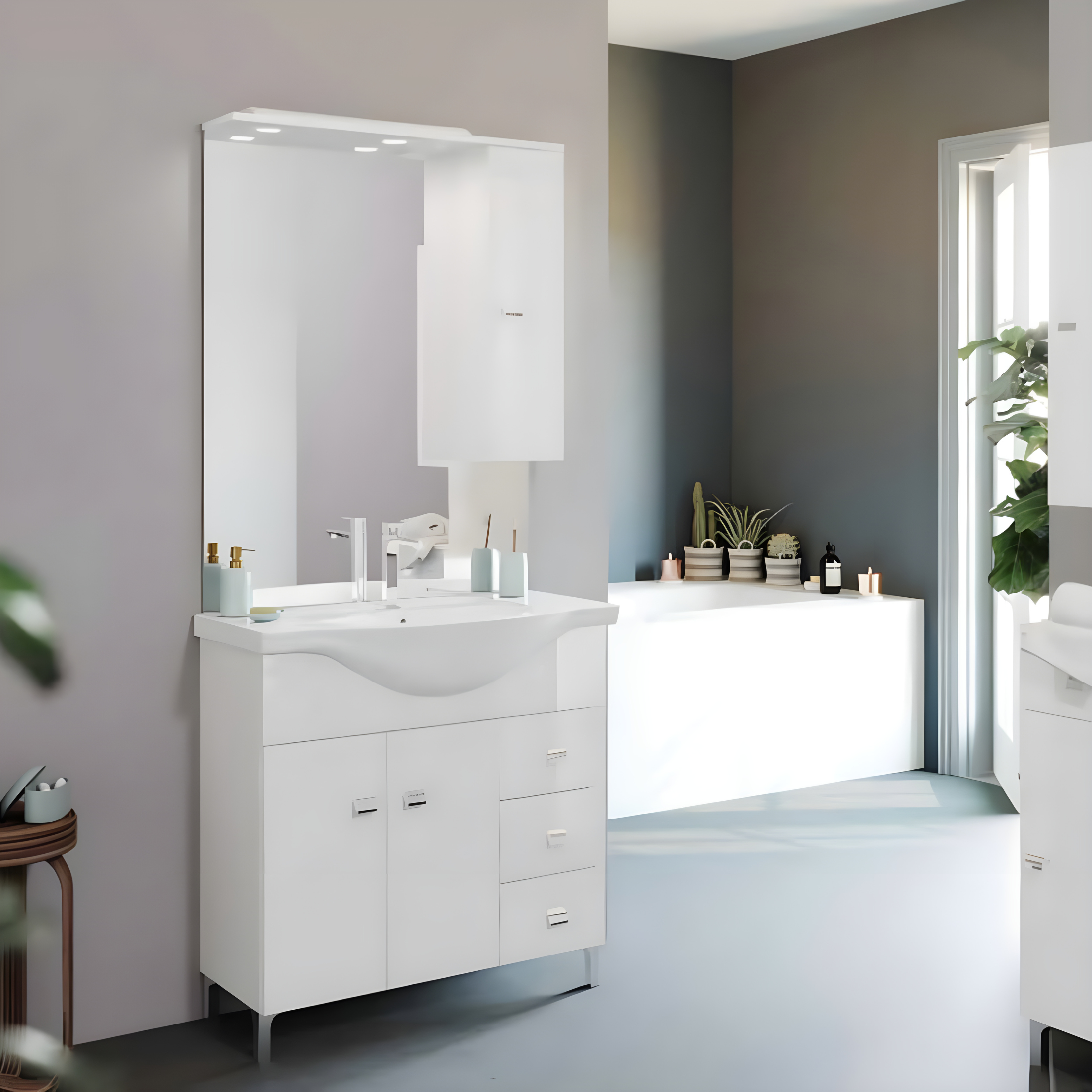 Mobili bagno "Kiro" in nobilitato con finitura bianco lucido , lavabo in ceramica da incasso e specchio