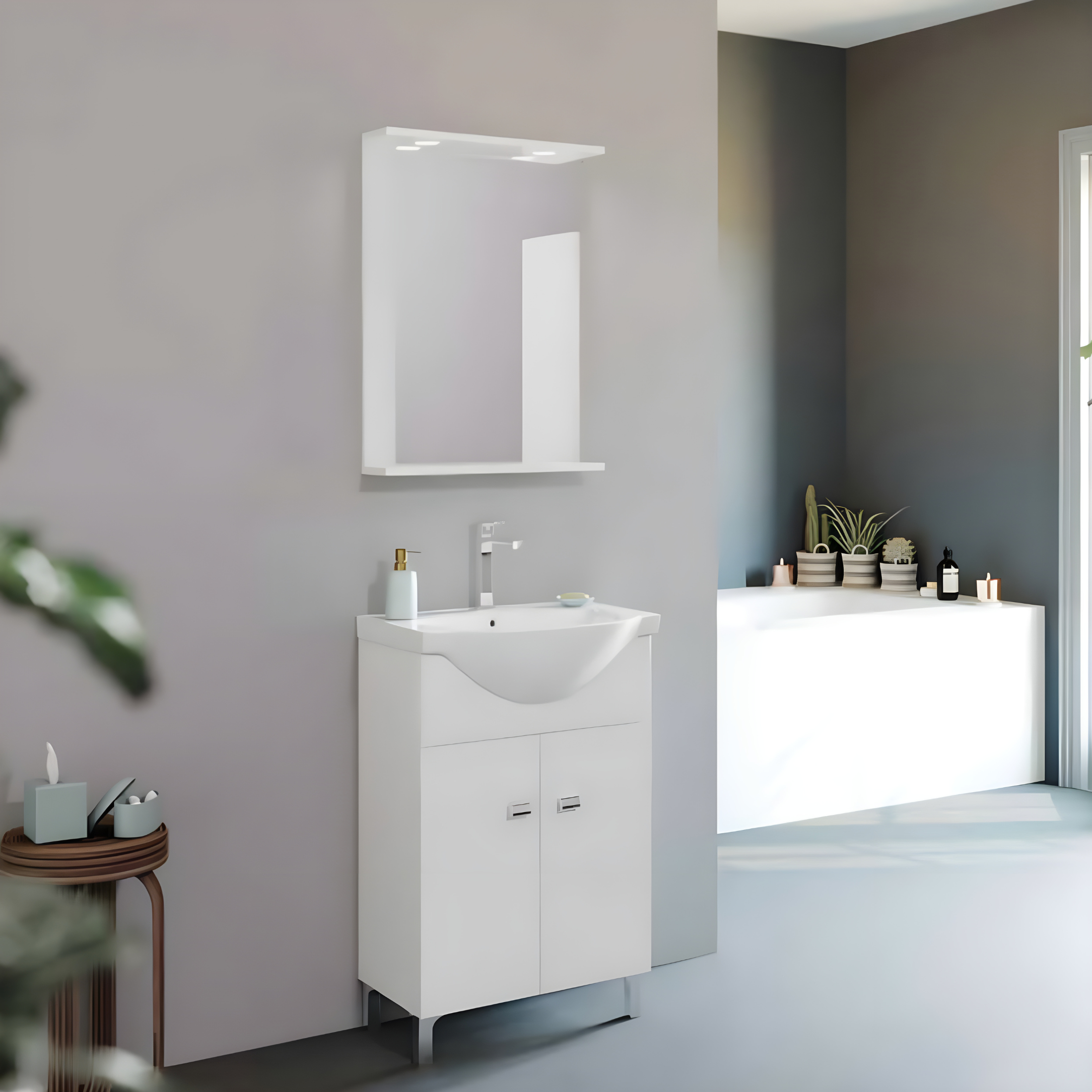 Mobili bagno "Kiro" in nobilitato con finitura bianco lucido , lavabo in ceramica da incasso e specchio