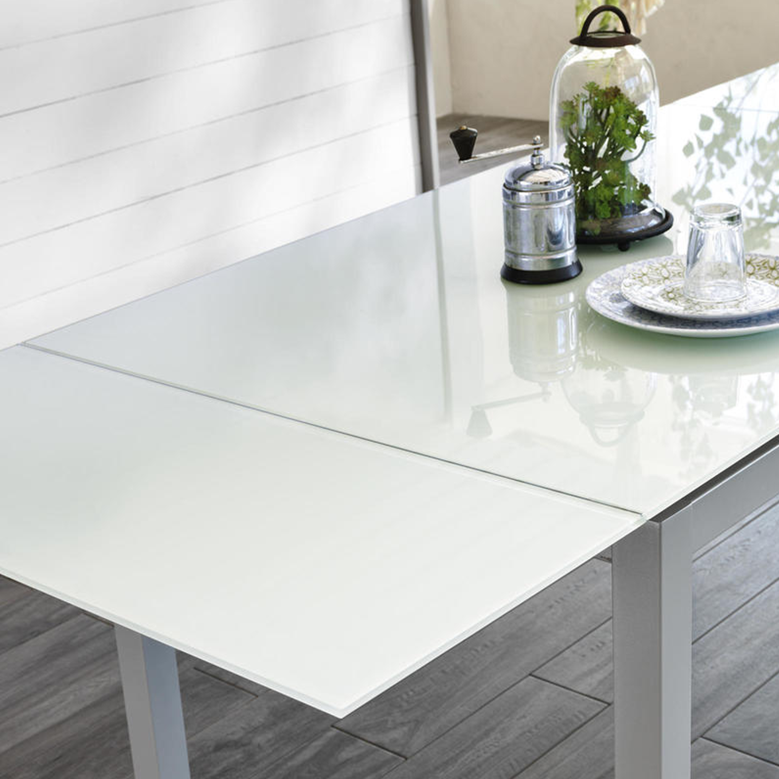 Table extensible "Baud", plateau en verre trempé, pieds en métal