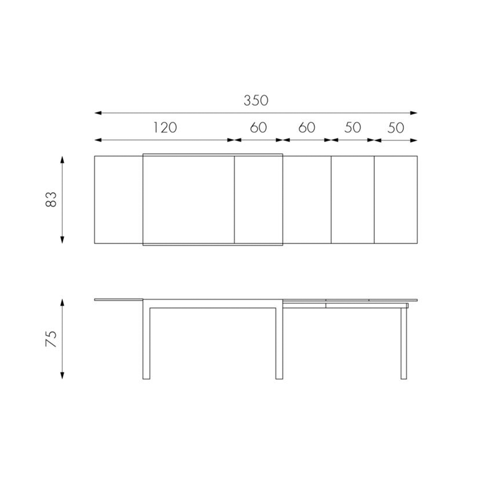 Table de direction extensible plateau en verre structure métal 10 places 120/350x83 cm 75h