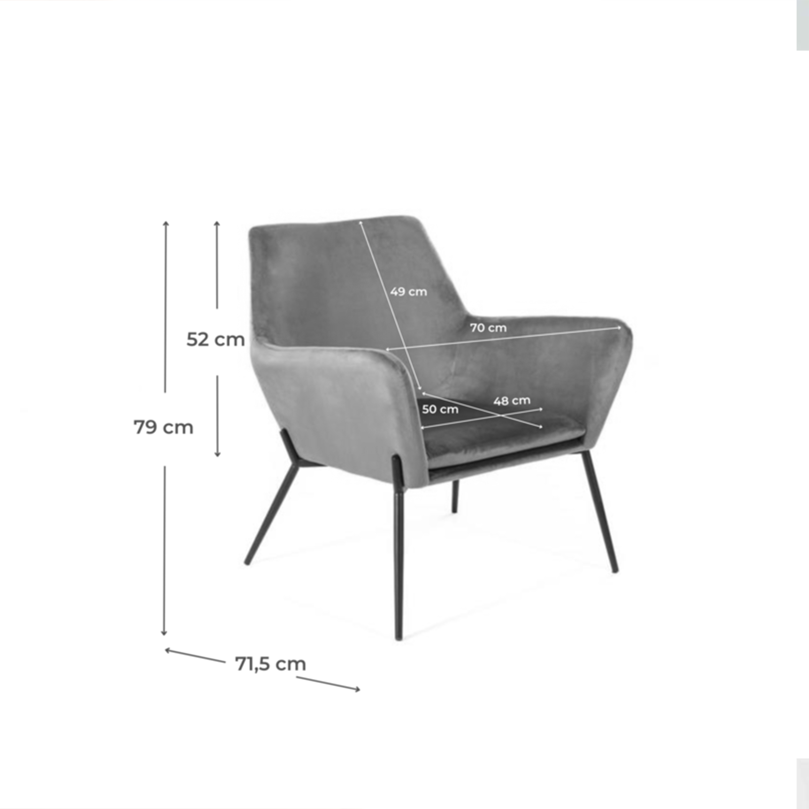 Fauteuil moderne rembourré "Gin" en velours avec pieds en métal 70x72 79h cm