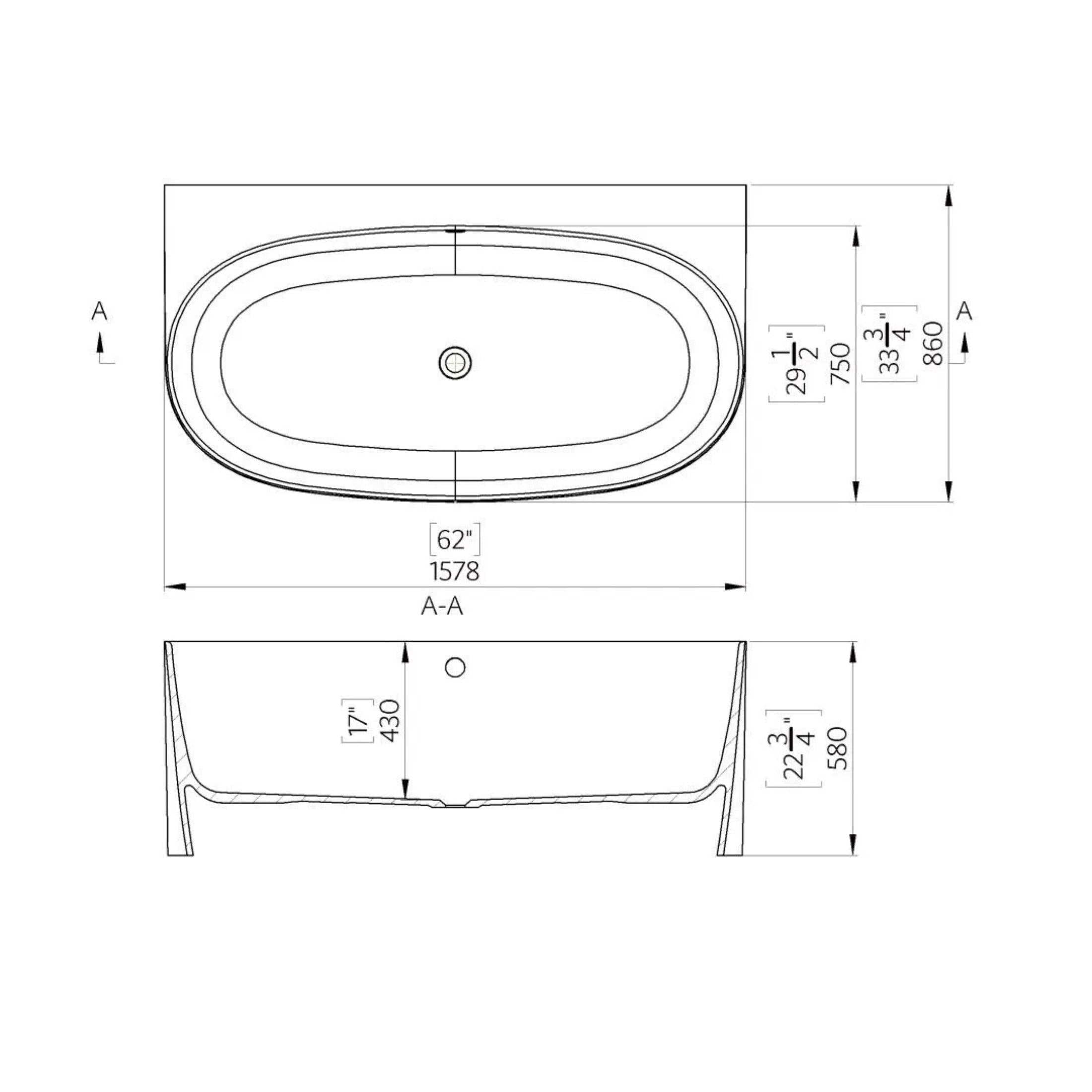 Vasca da bagno ovale "Siena" per appoggio a parete in resina di marmo cm 158x86 58h