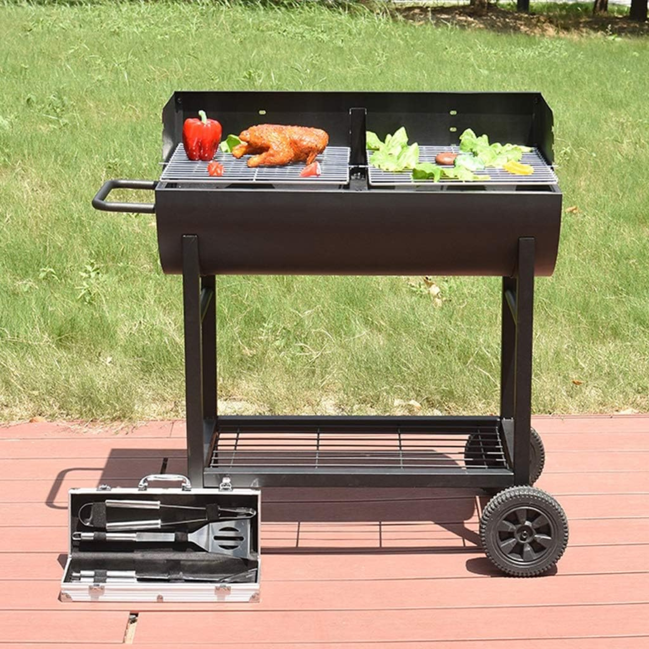 Barbecue rectangulaire à charbon de bois double grille en acier avec roulettes