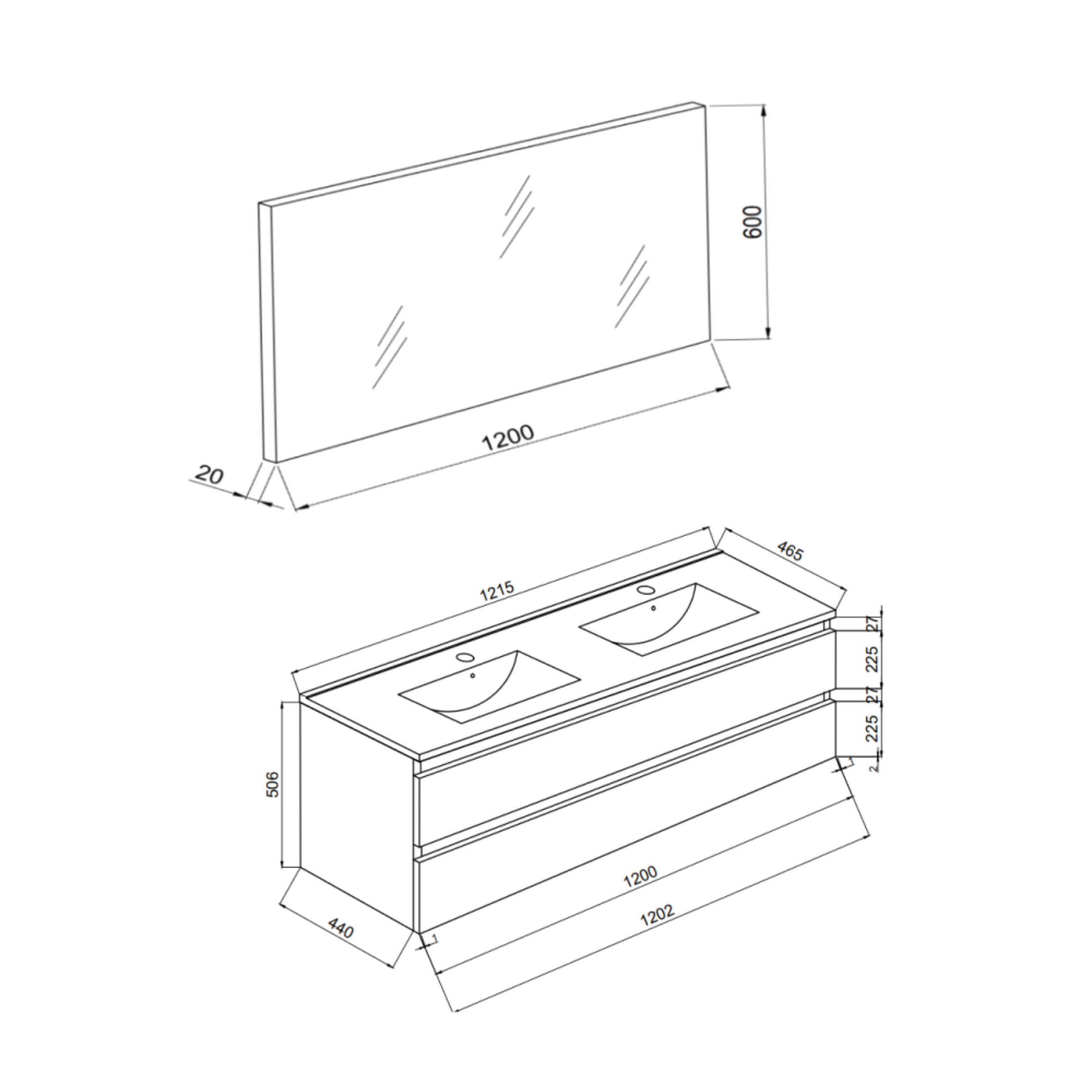 Mobile bagno "Belize120" cm con doppio lavabo e due cassetti finitura bianco legno
