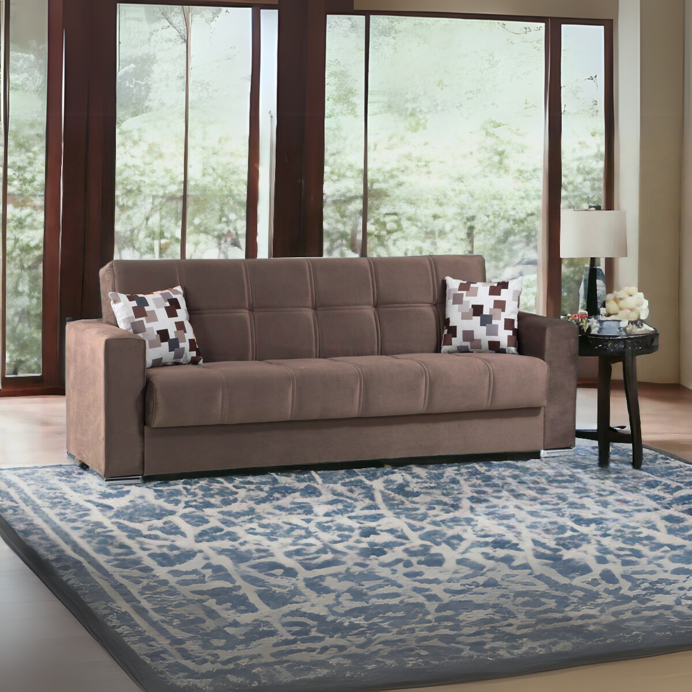 Divano letto 3 posti contenitore "Alba" in tessuto con piedi cromati cm 226x85 92h