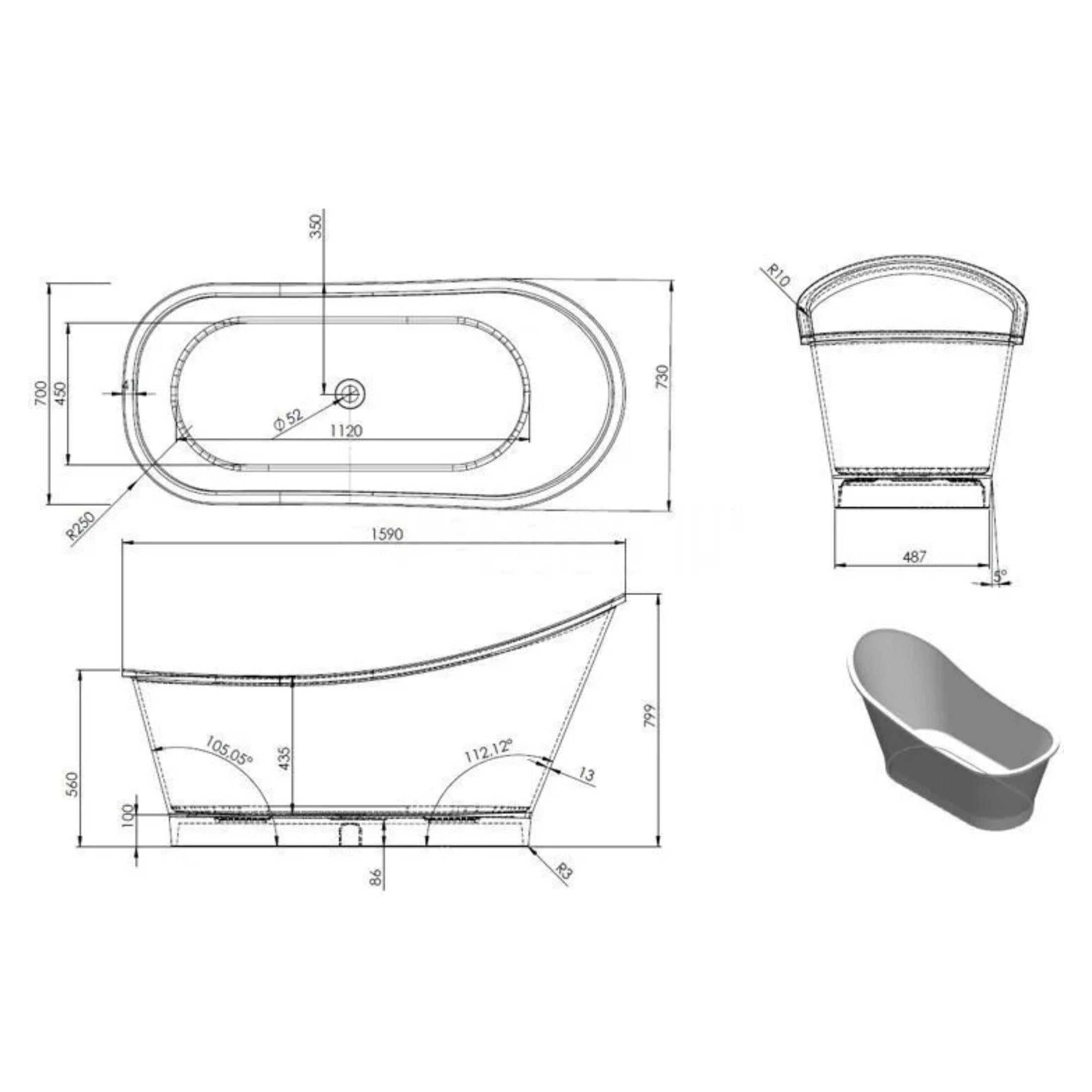 Vasca da bagno autoportante "Alma" in marmo ricomposto bianco cm 159,5x73 80,5h