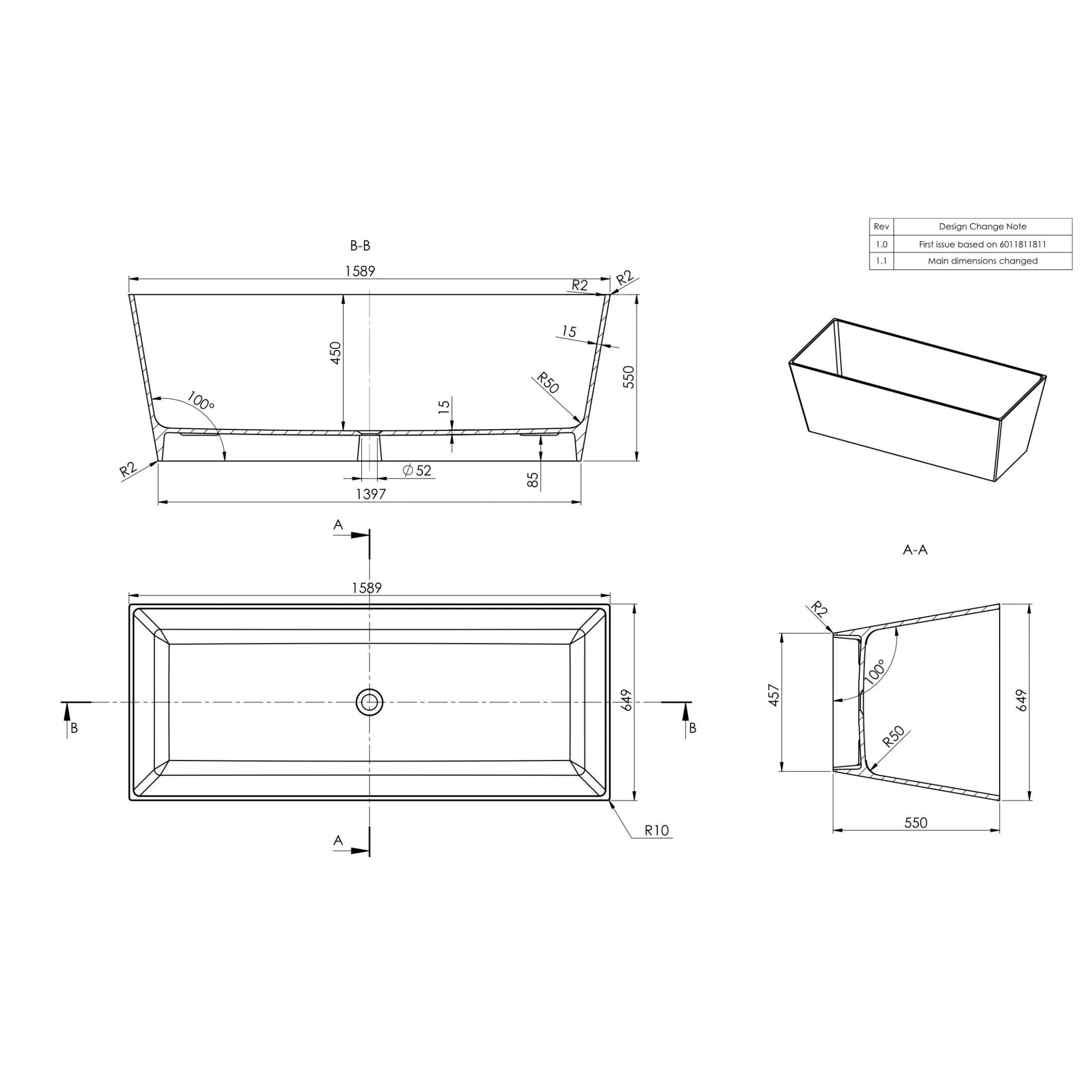 Vasca da bagno squadrata "Yoyo" autoportante in marmo ricomposto bianco cm 159x65 55h