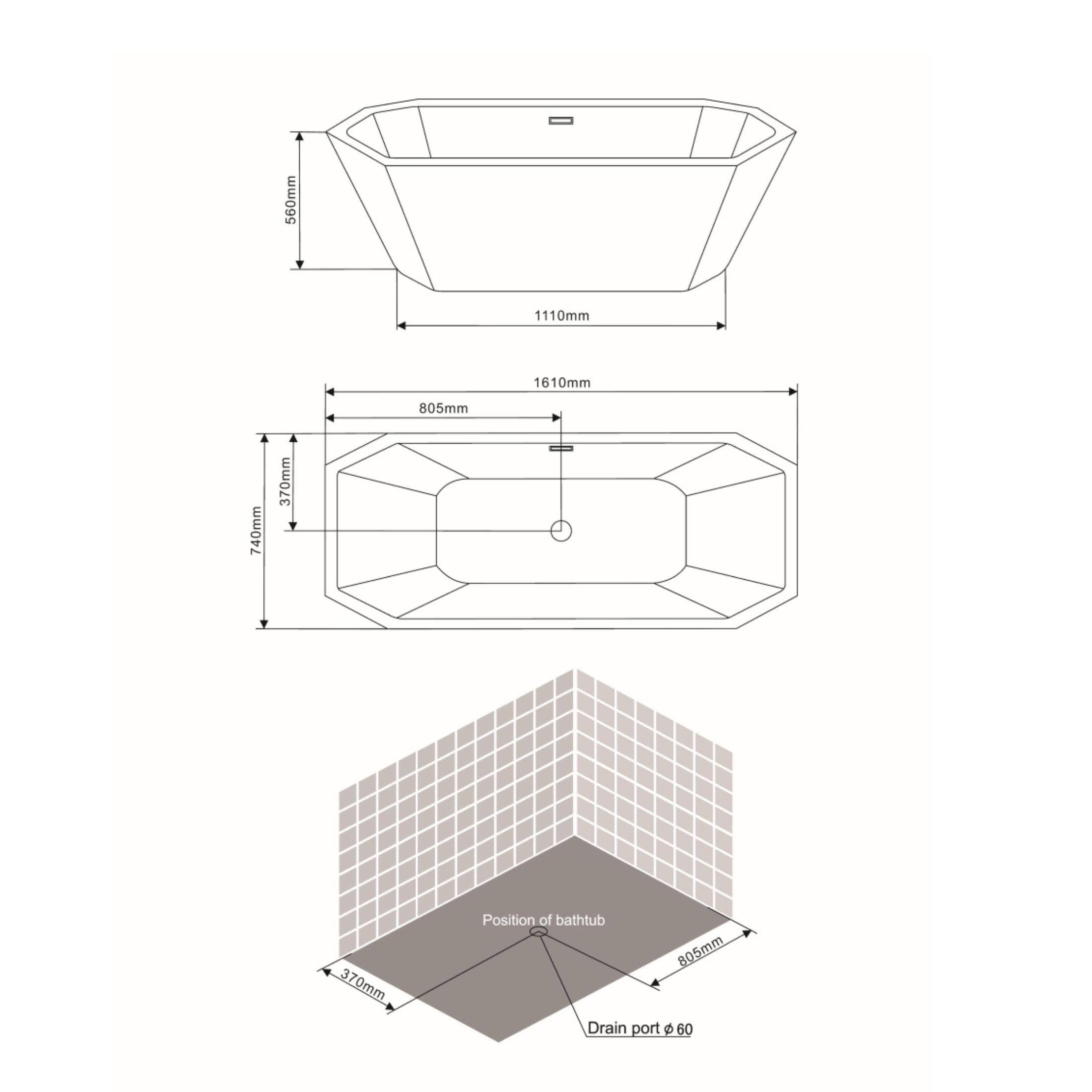 Vasca da bagno ottagonale autoportante "Beatrice" in acrilico bianco cm 161x74 56h