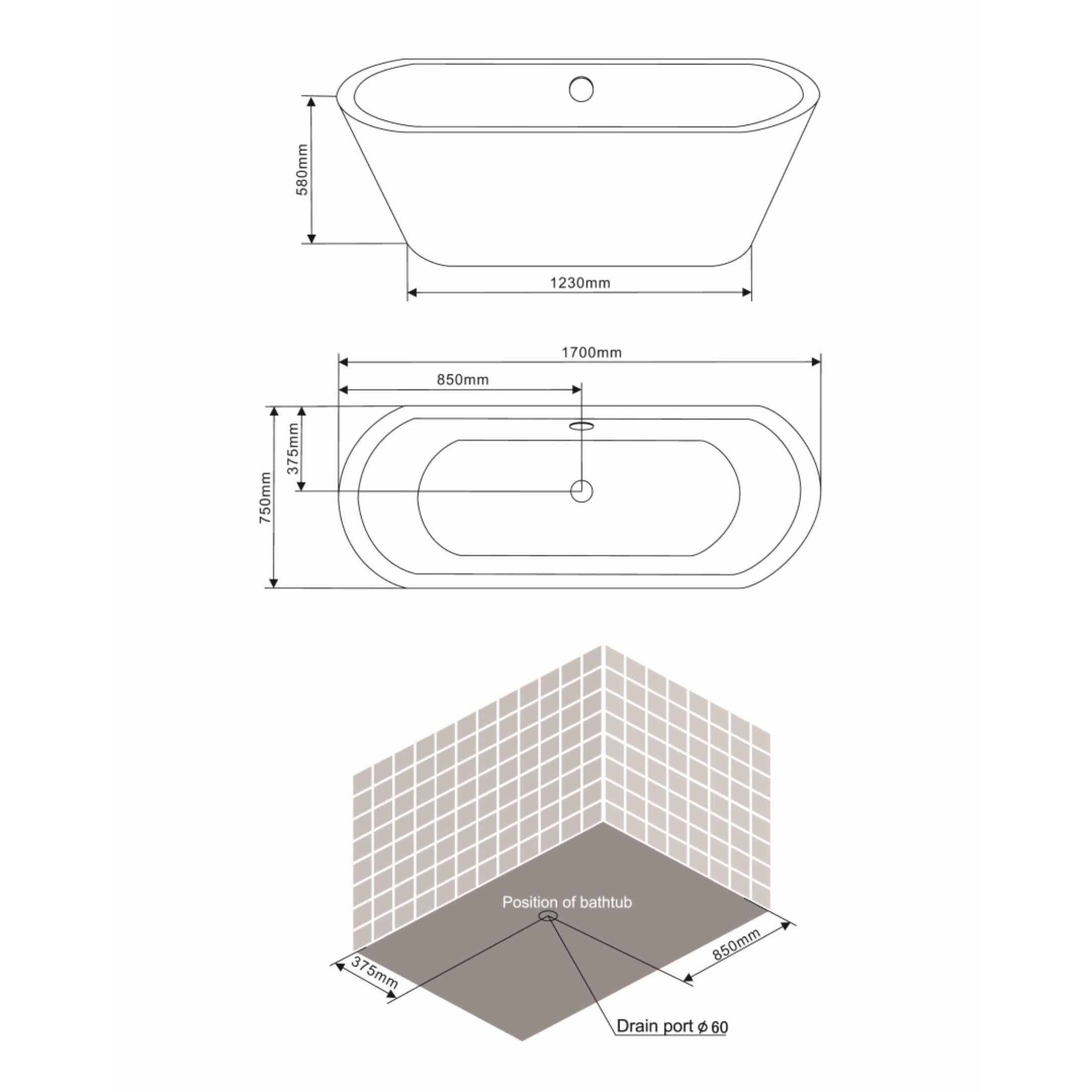 Vasca da bagno freestanding "Camilla" in acrilico bianco cm 170x75 56h