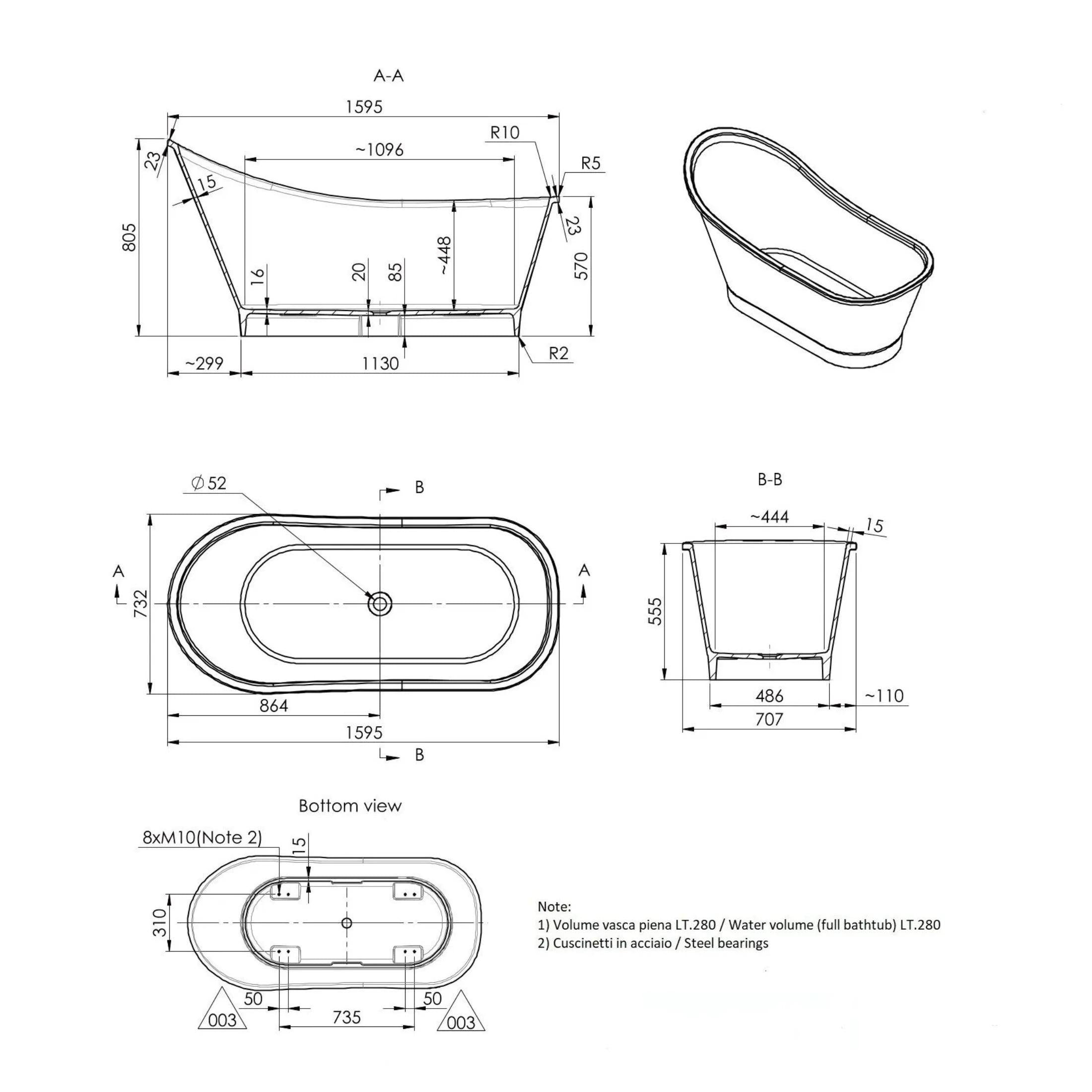 Vasca da bagno autoportante "Alma" in marmo ricomposto bianco cm 159,5x73 80,5h