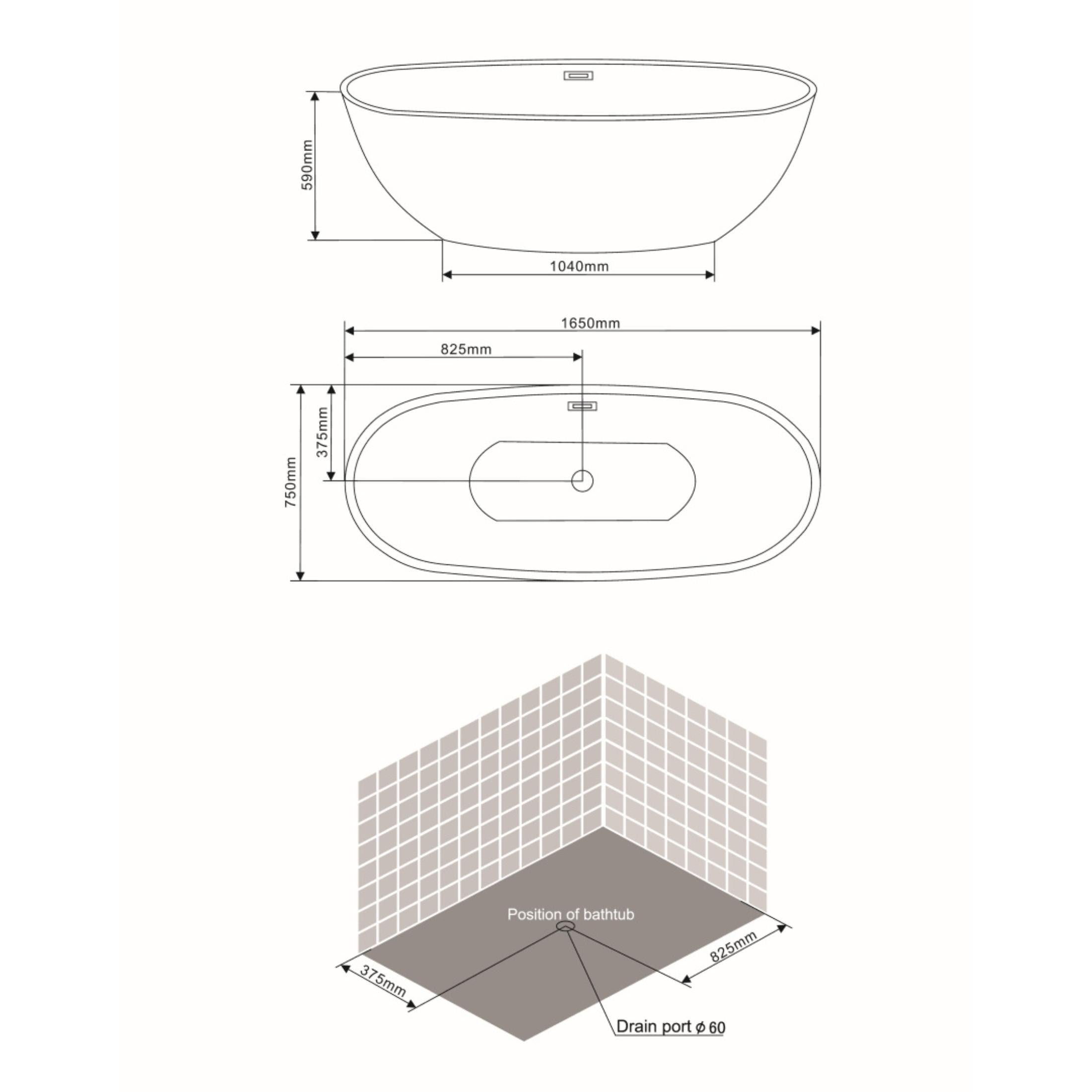 Vasca da bagno ovale a centro stanza "Clarissa" in acrilico bianco cm 165x75 59h