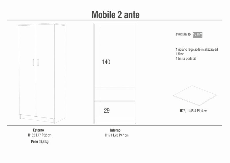 Armario madera 2 puertas "Class2" percha 77x52 cm 182h