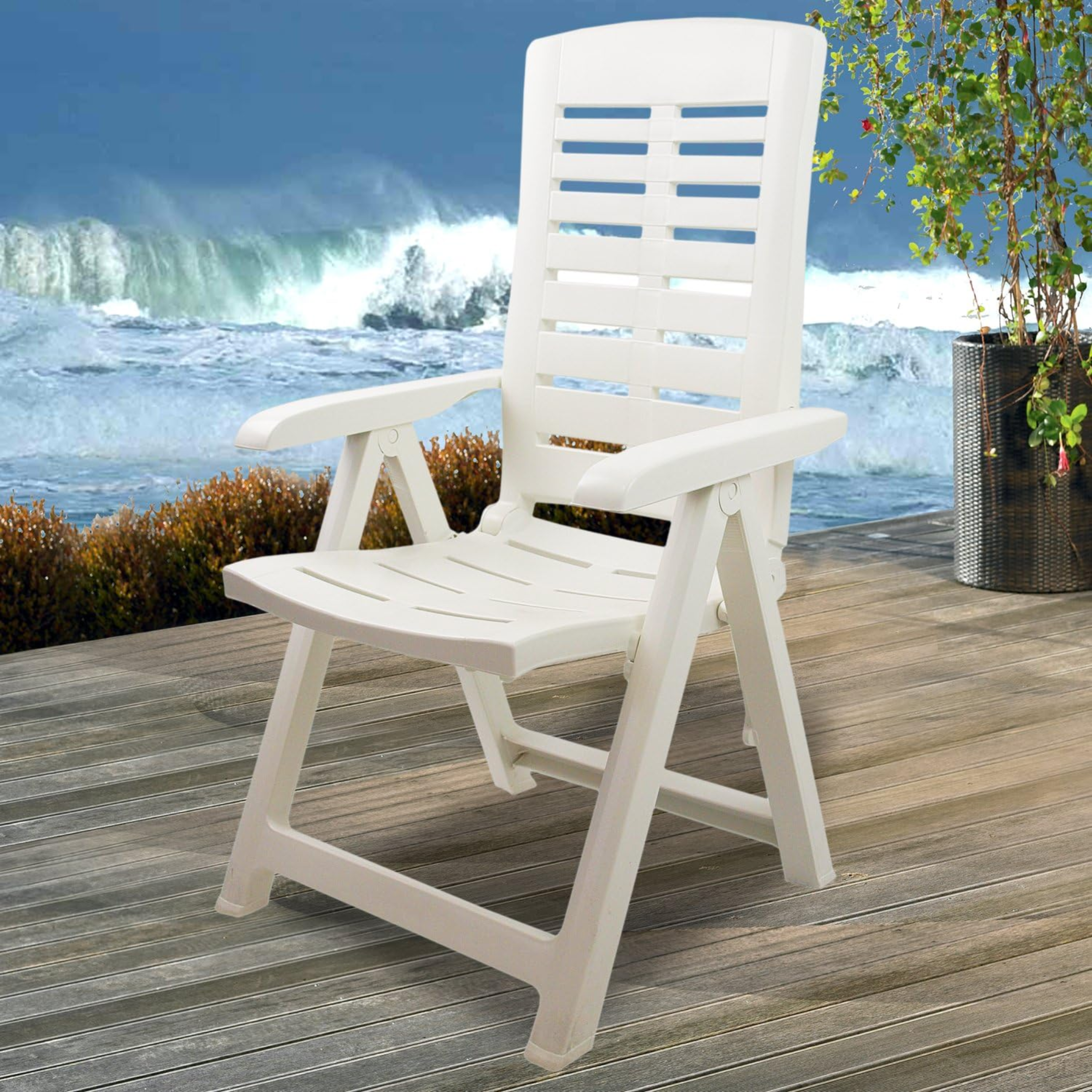 Chaise d'extérieur pliante en résine avec accoudoirs pour jardin et véranda