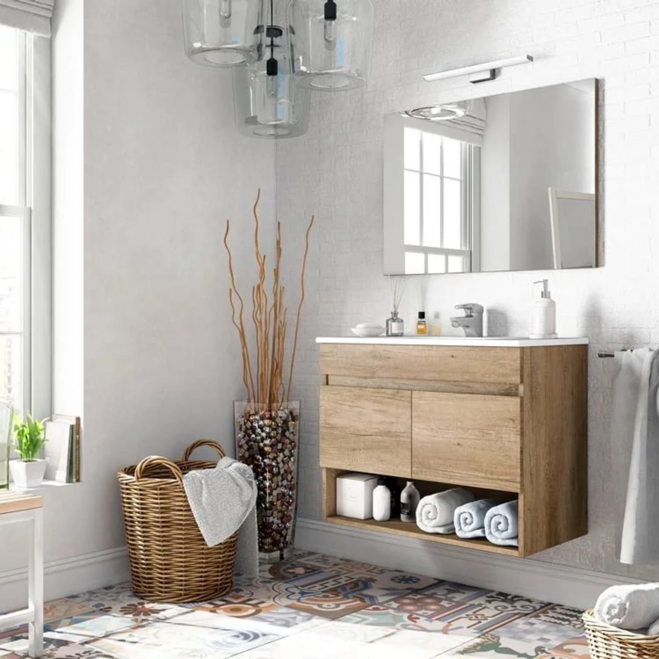 Mobile da bagno sospeso "Bali" 2 ante con specchio in legno rovere Nordik