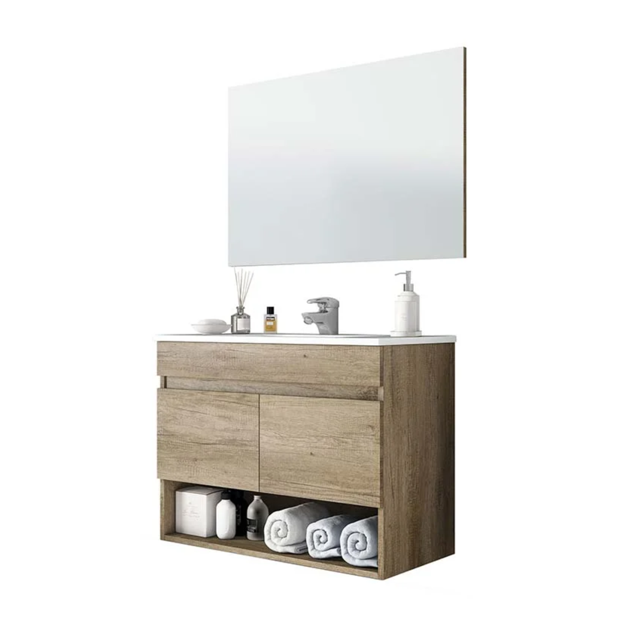 Mobile da bagno sospeso "Bali" 2 ante con specchio in legno rovere Nordik