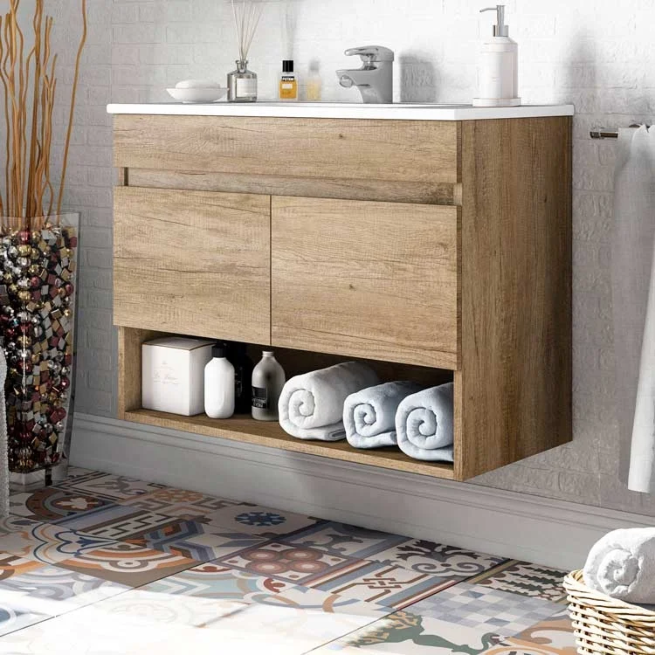 Mobile da bagno sospeso "Bali" 2 ante con specchio in legno rovere Nordik